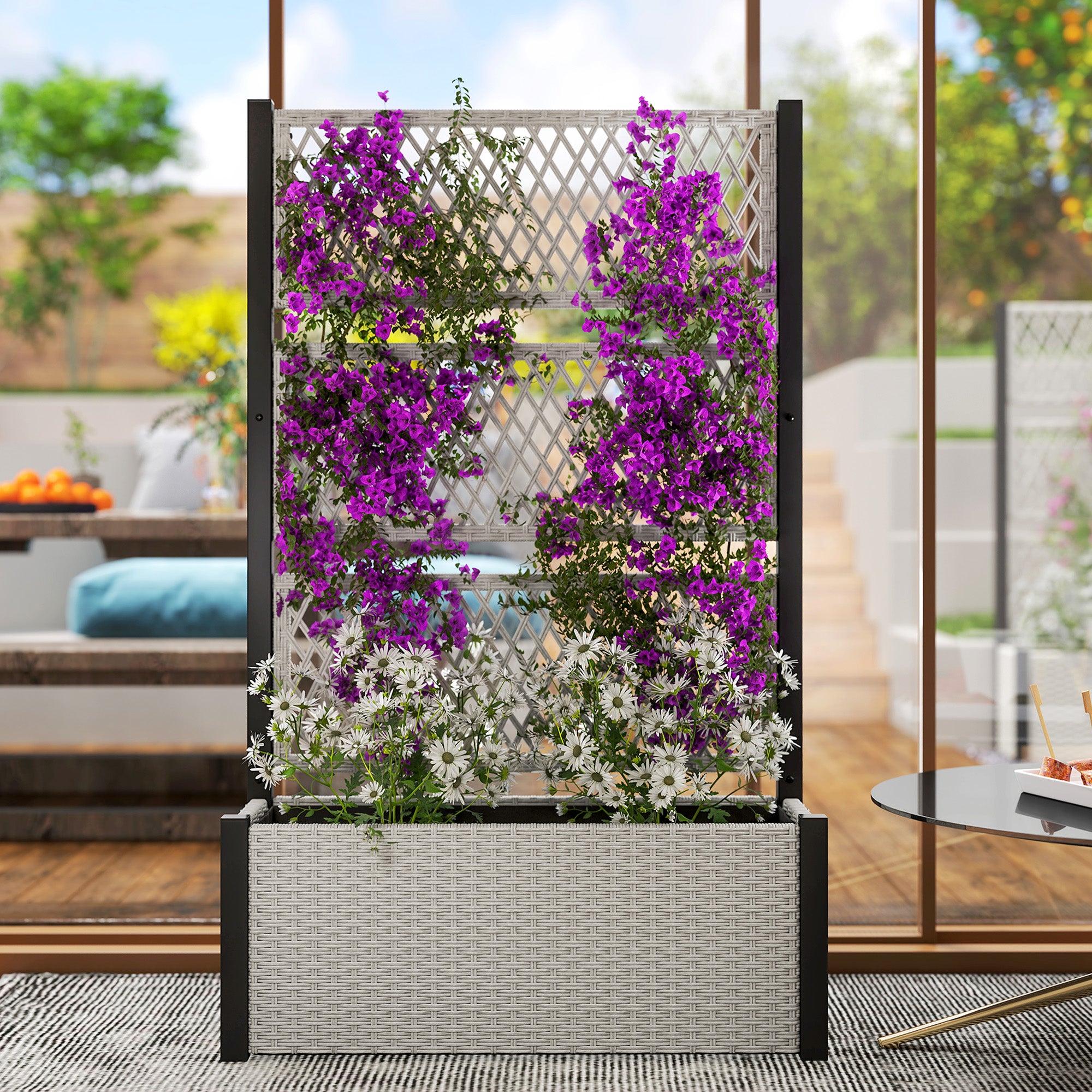 Outsunny Garden Planter Box with Trellis, Liner for Climbing Plants, Vegetables, Flowers, 90 x 35 x 148 cm, Mixed-grey - North Peak Garden Furniture