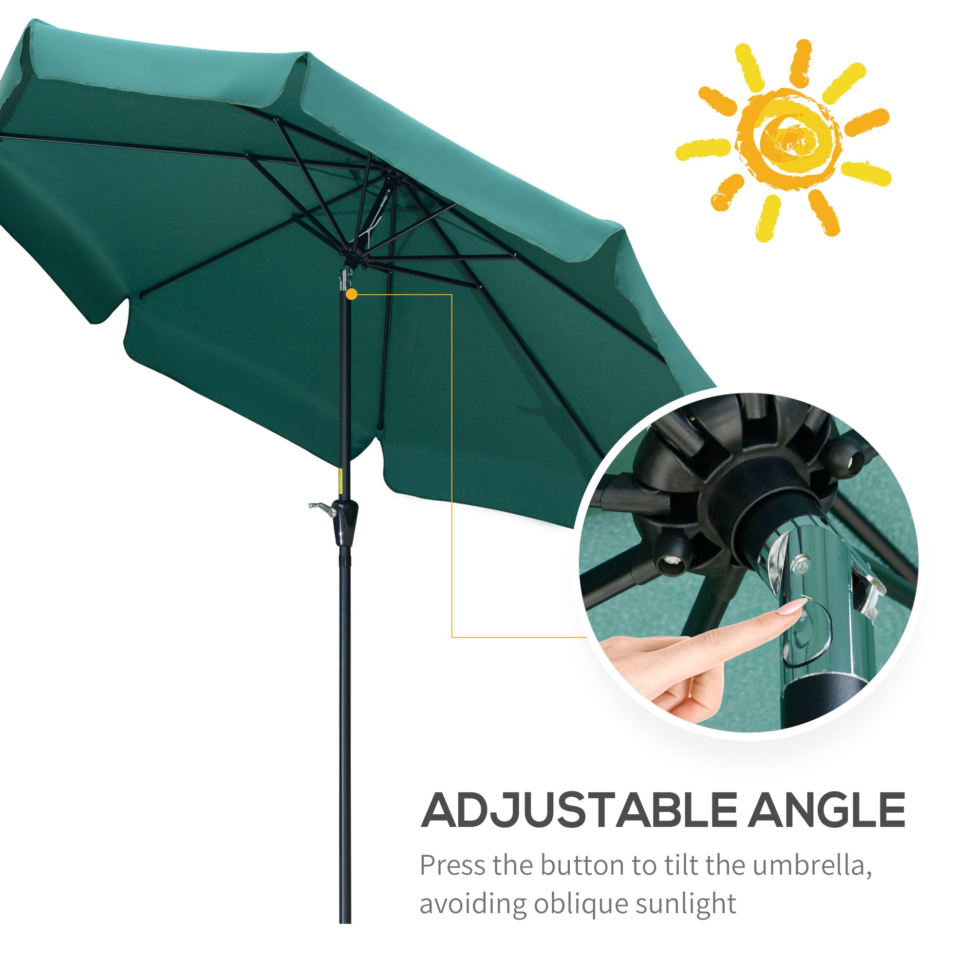 Outsunny 2.7m Patio Parasol Garden Umbrellas Outdoor Sun Shade Table Umbrella with Tilt, Crank, 8 Ribs, Ruffles, Green - North Peak Garden Furniture