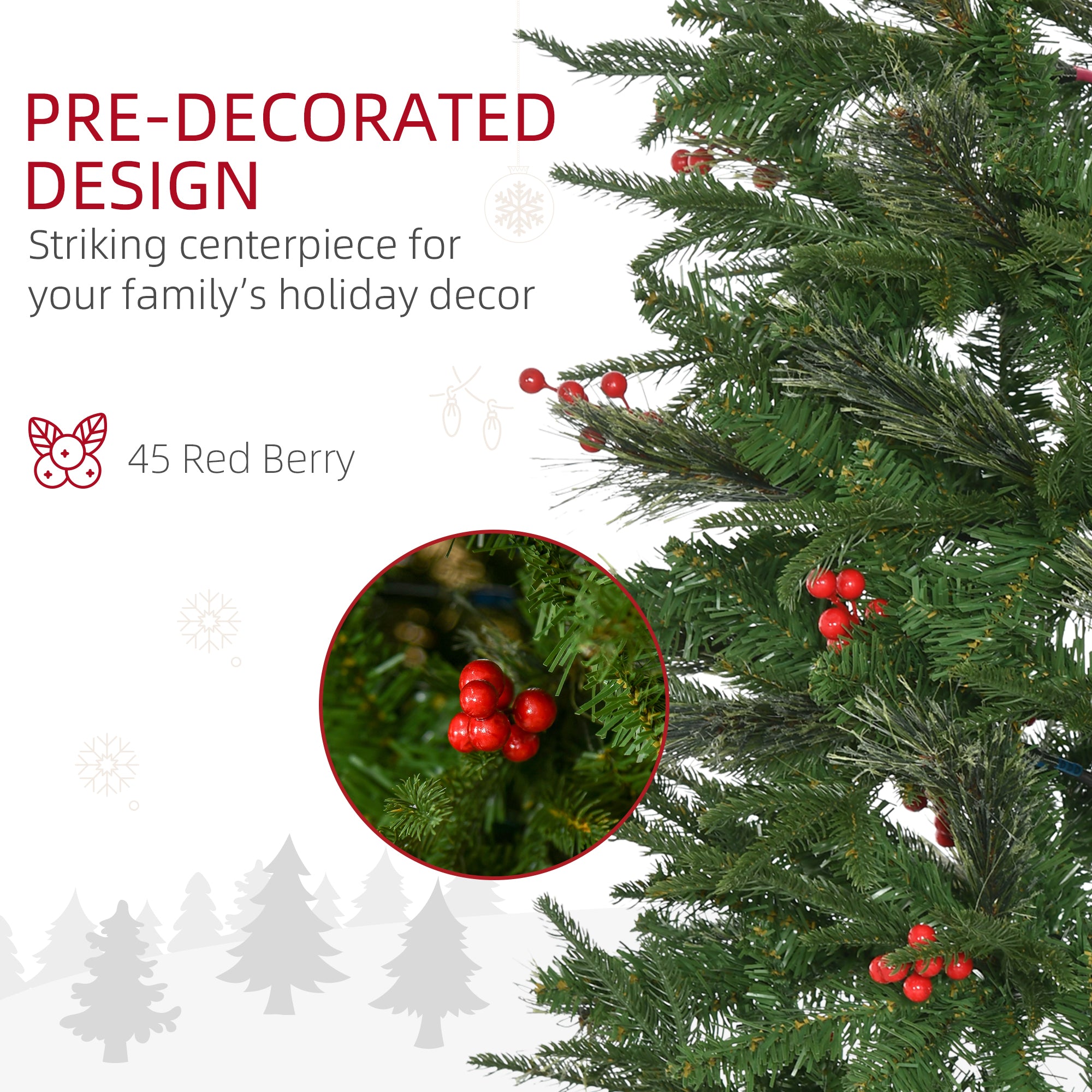 HOMCOM 7ft Pencil Artificial Christmas Tree with Realistic Branches, Red Berries, Auto Open, Green - North Peak Garden Furniture
