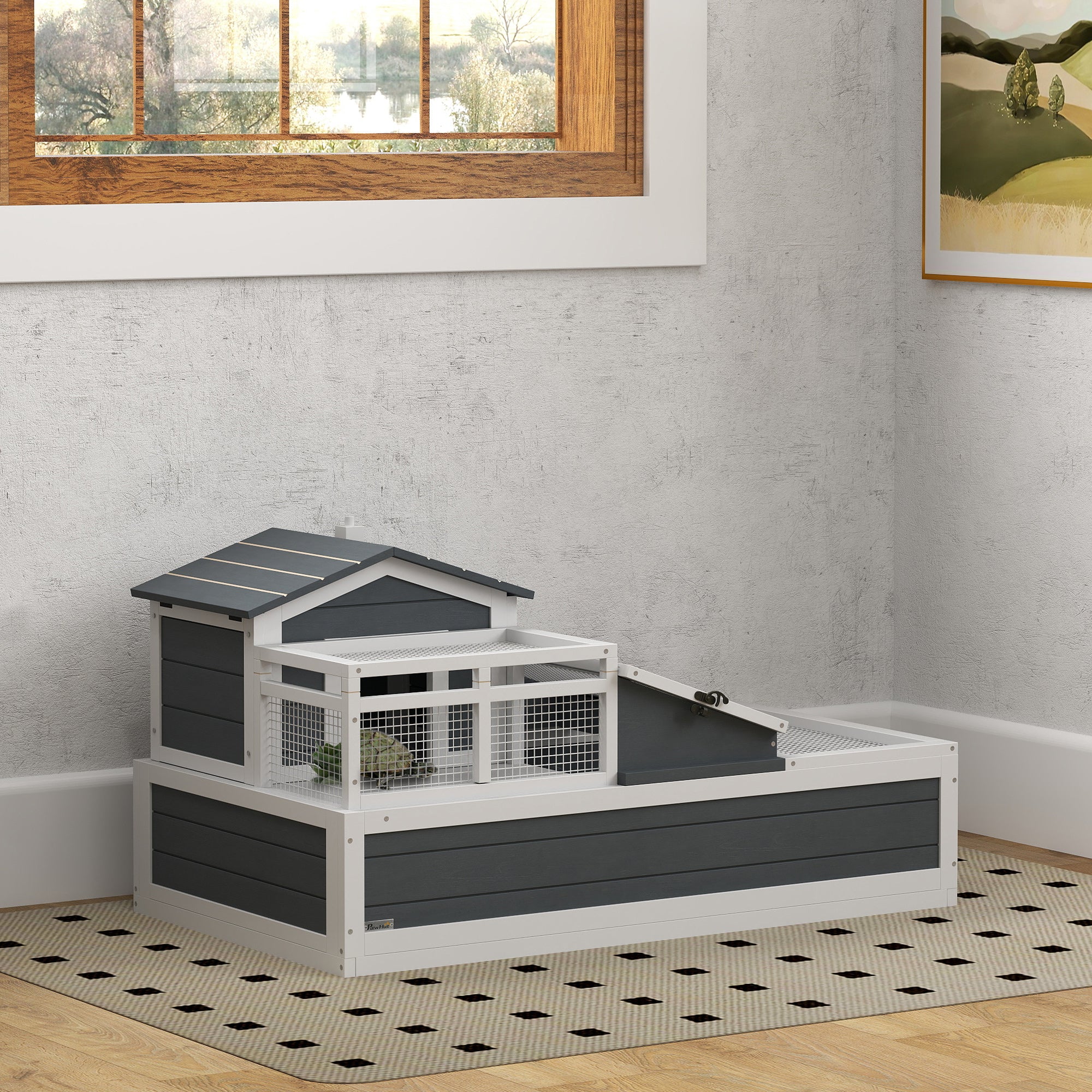 PawHut Tortoise House 3-Room with 2 Stories, Ladder, Balcony, Tray, Openable Roof, 59H x 112L x 65Wcm, Grey - North Peak Garden Furniture
