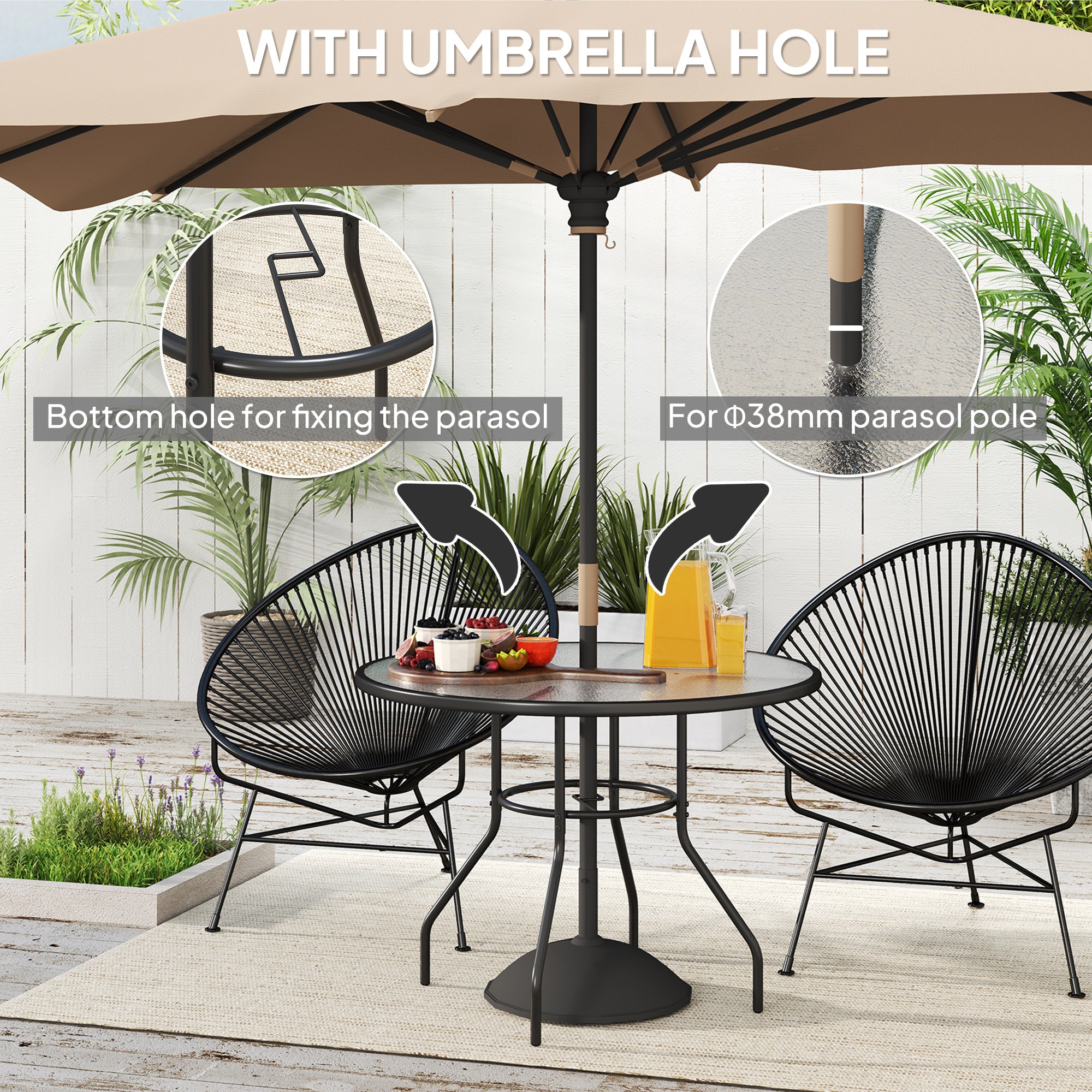 Outsunny 100 cm Round Dining Table with Parasol Hole, Outdoor Coffee End Side Table with Tempered Glass Top, Steel Frame for Garden, Black - North Peak Garden Furniture