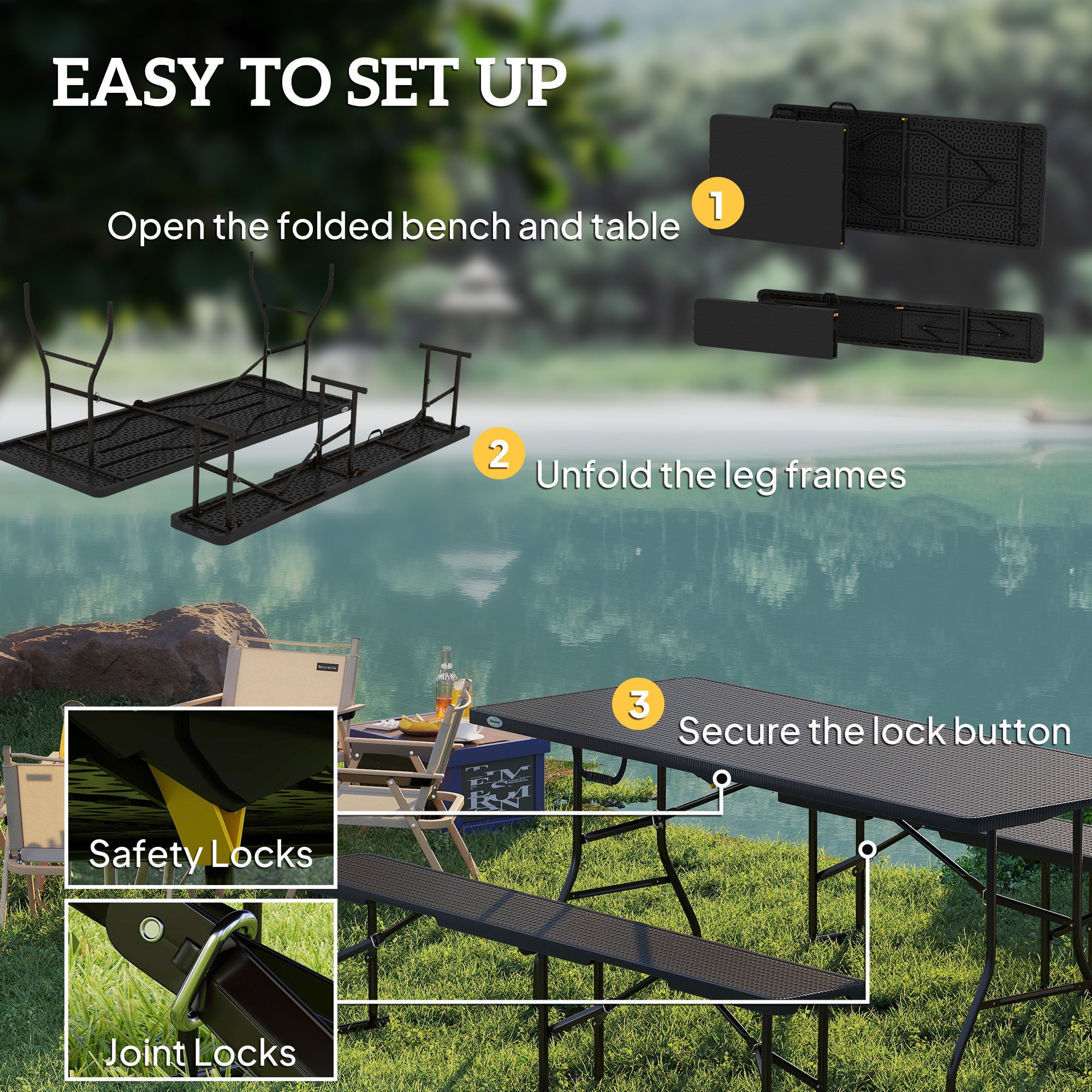Outsunny Folding Picnic Table and Bench Set, Rattan Effect Portable Camping Table and Chairs with Carrying Handles for Indoor Outdoor, Dining, Camping, Picnic, BBQ, Party, Black - North Peak Garden Furniture