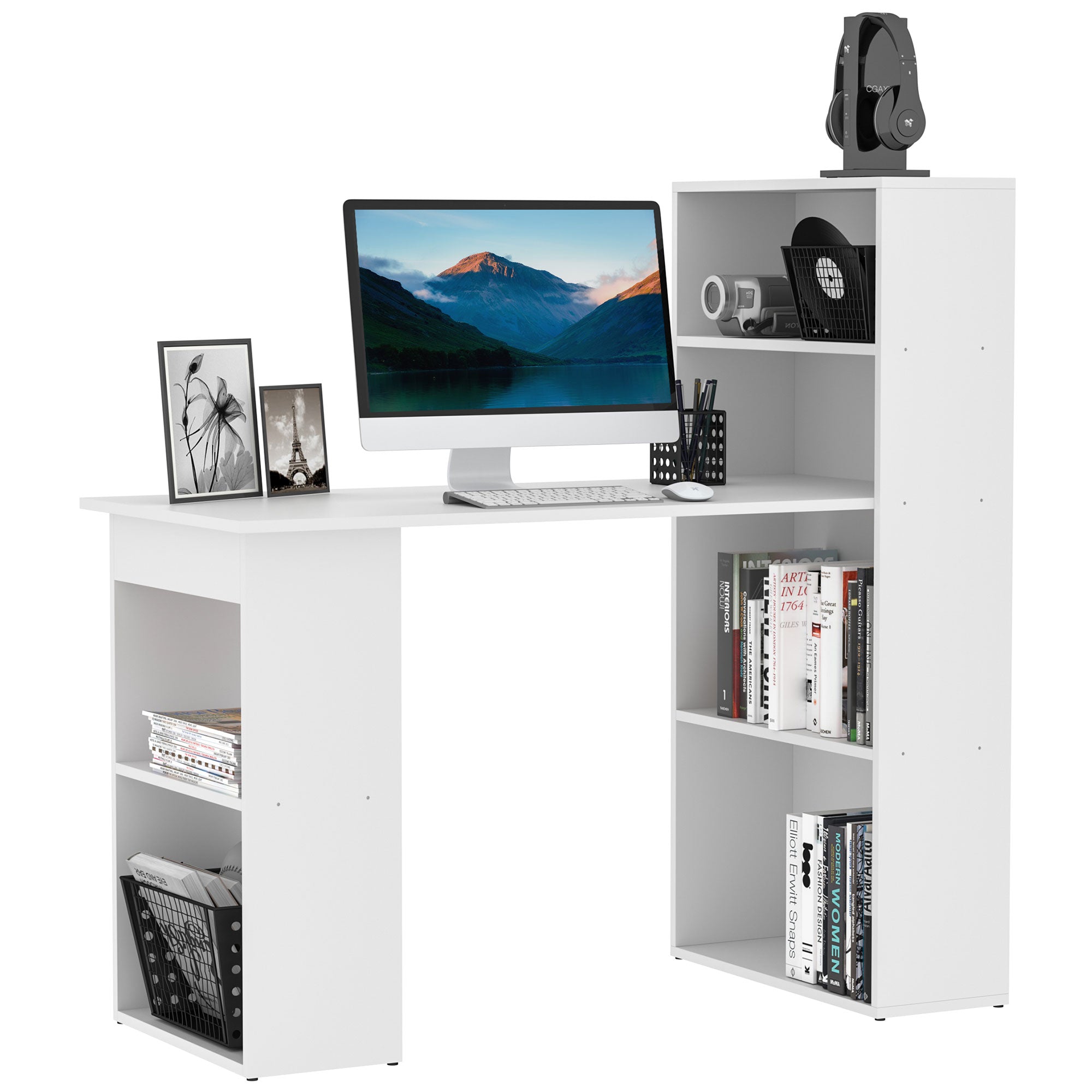 HOMCOM 120cm Modern Computer Desk Bookshelf Study Table Workstation PC Laptop Writing Home Office 6 Shelves White