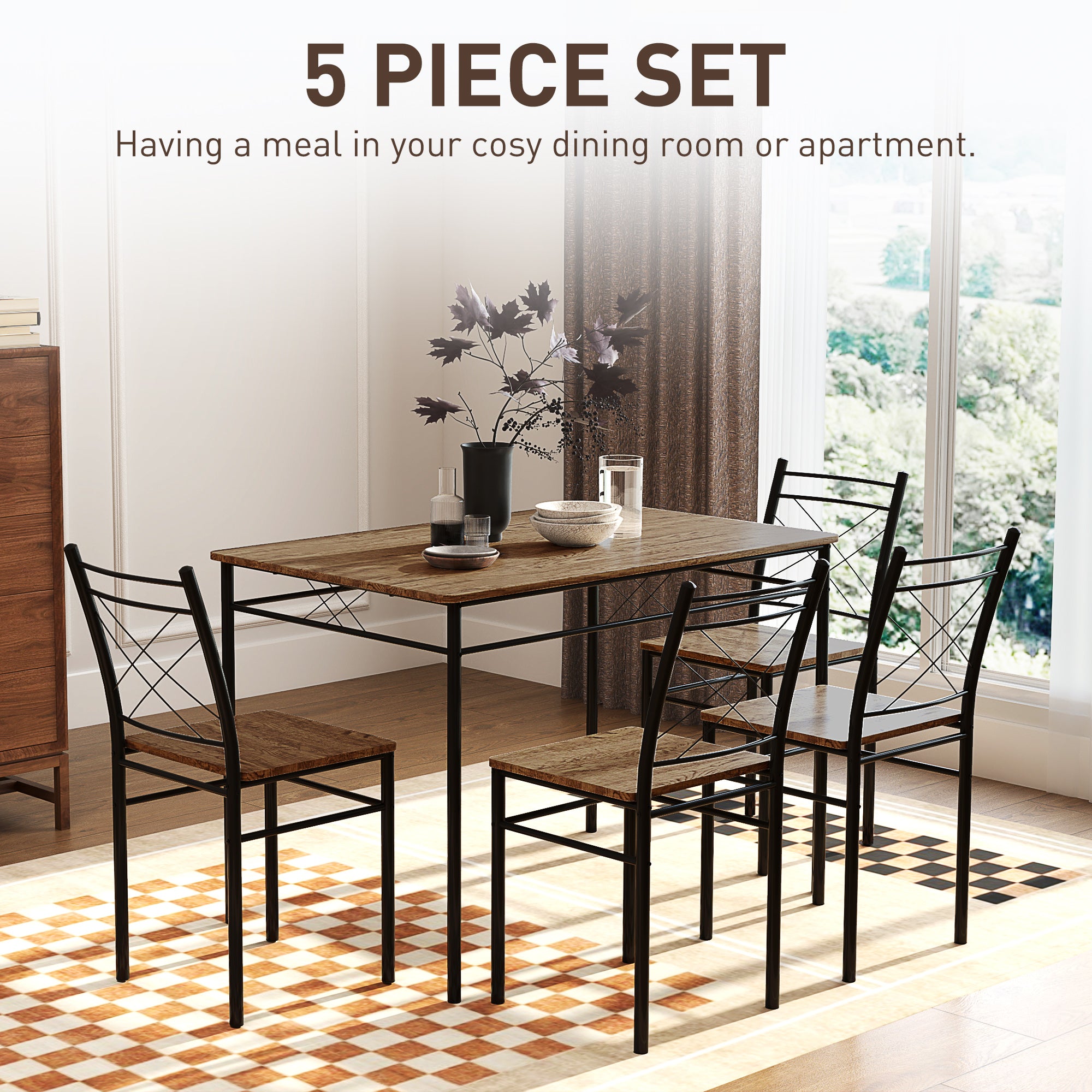 HOMCOM Modern Dining Table Set for 4, Space-Saving 5 Pieces Kitchen Table Set with Rectangle Table and Steel Frame, Oak - North Peak Garden Furniture