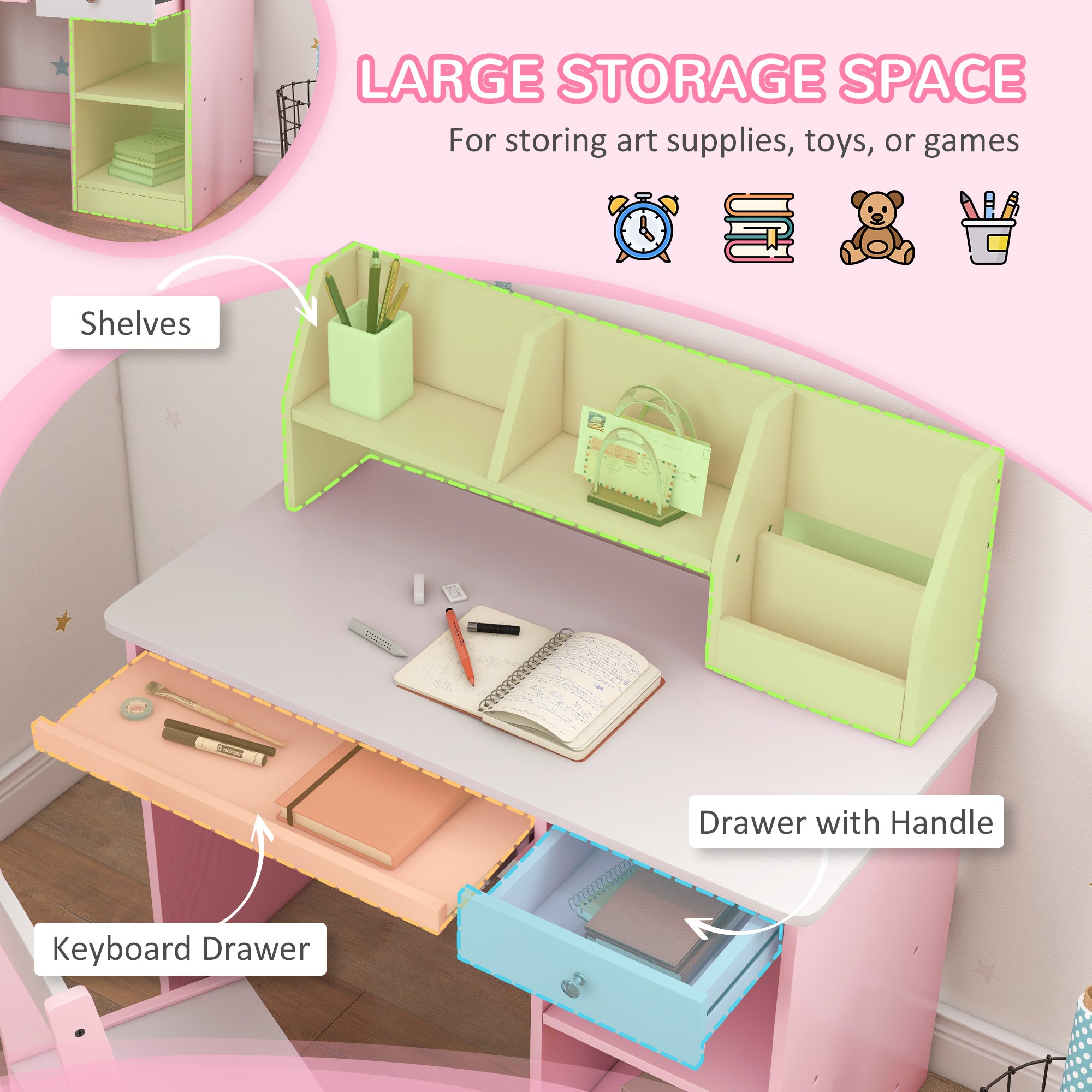 ZONEKIZ Two-Piece Kids Desk and Chair Set with Storage, for Ages 5-8 Years - Pink - North Peak Garden Furniture