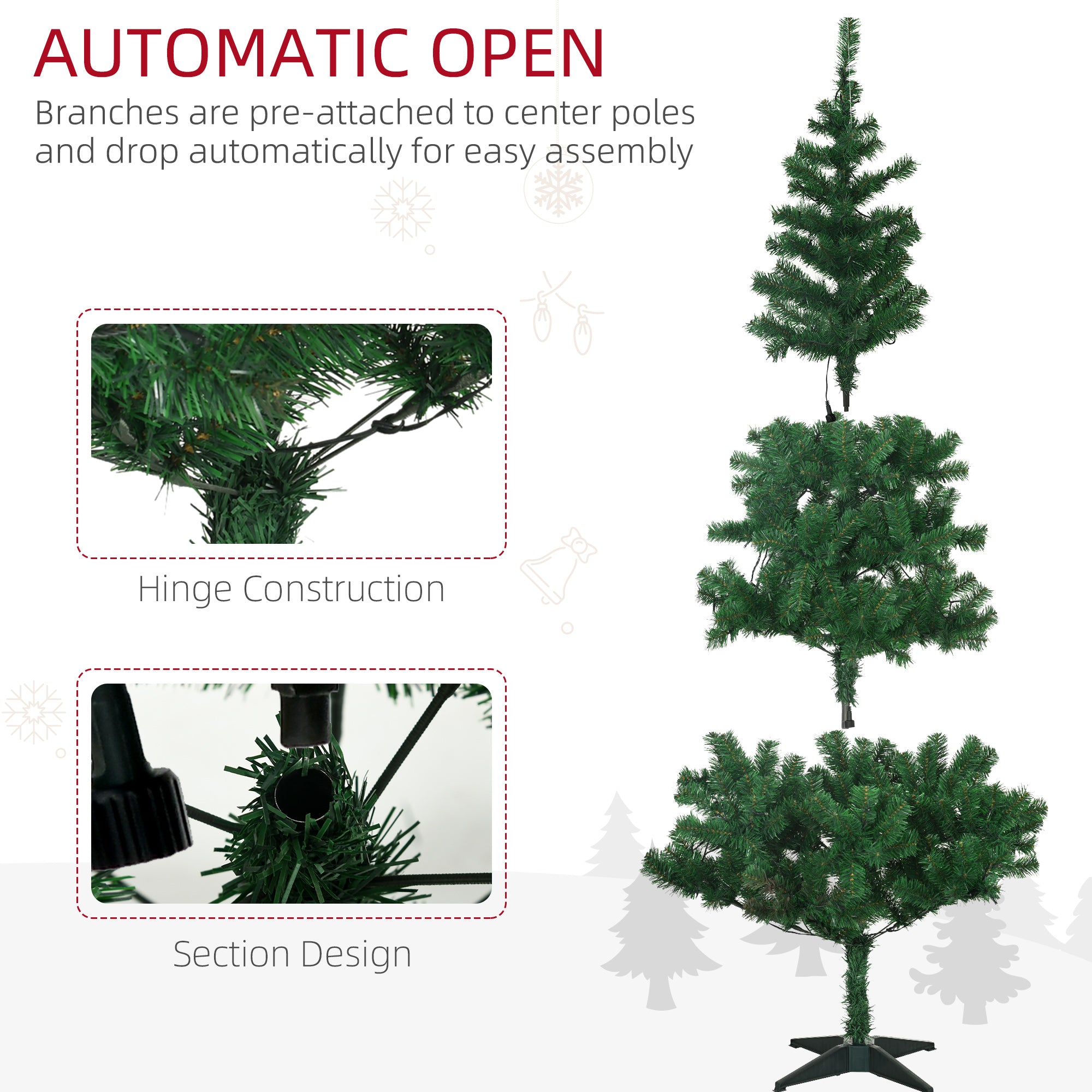 HOMCOM 6' Artificial Prelit Christmas Trees Holiday Décor with Warm White LED Lights, Auto Open, Tinsel, Ball, Star - North Peak Garden Furniture