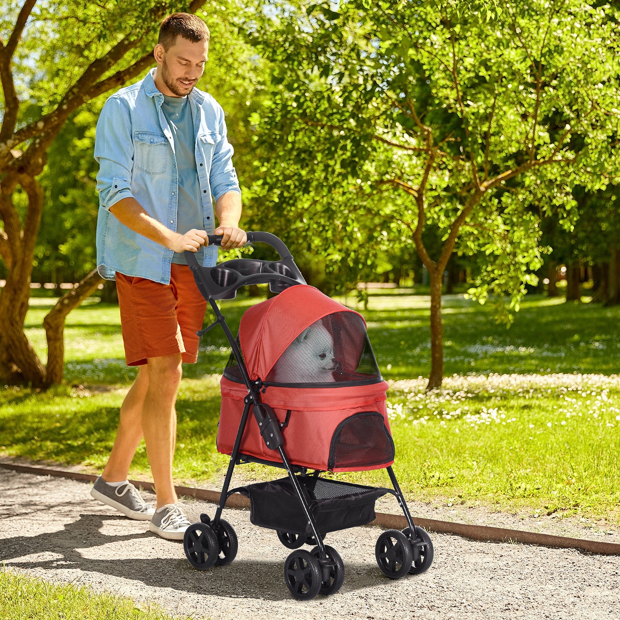 PawHut Dog Pram Dog Stroller Foldable Pet Pushchair with 4 Wheels, Safety Leashes, Cup Holder for Small Dogs, Red - North Peak Garden Furniture