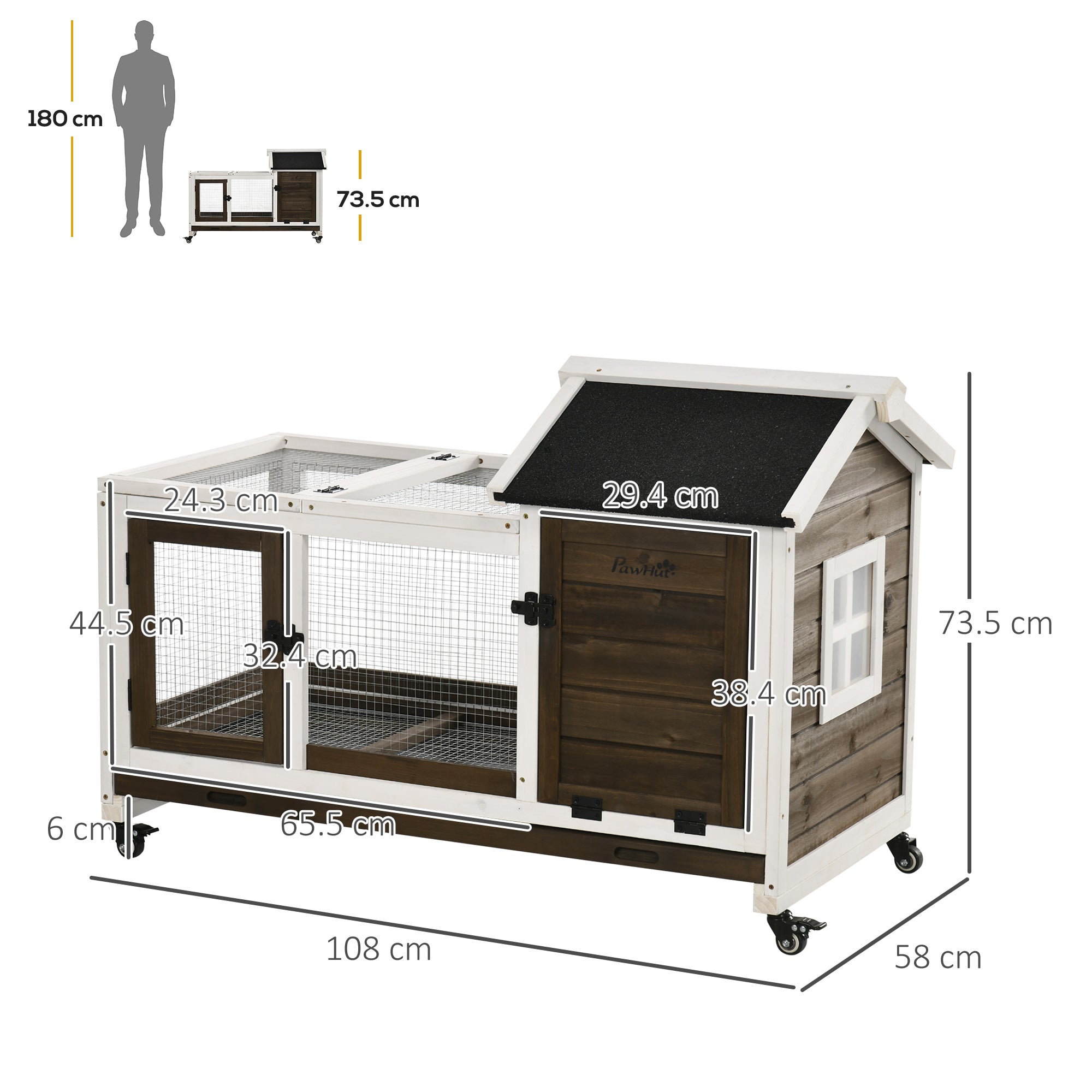 PawHut Wooden Rabbit Hutch, Guinea Pig Cage, with Removable Tray, Wheels - Brown - North Peak Garden Furniture