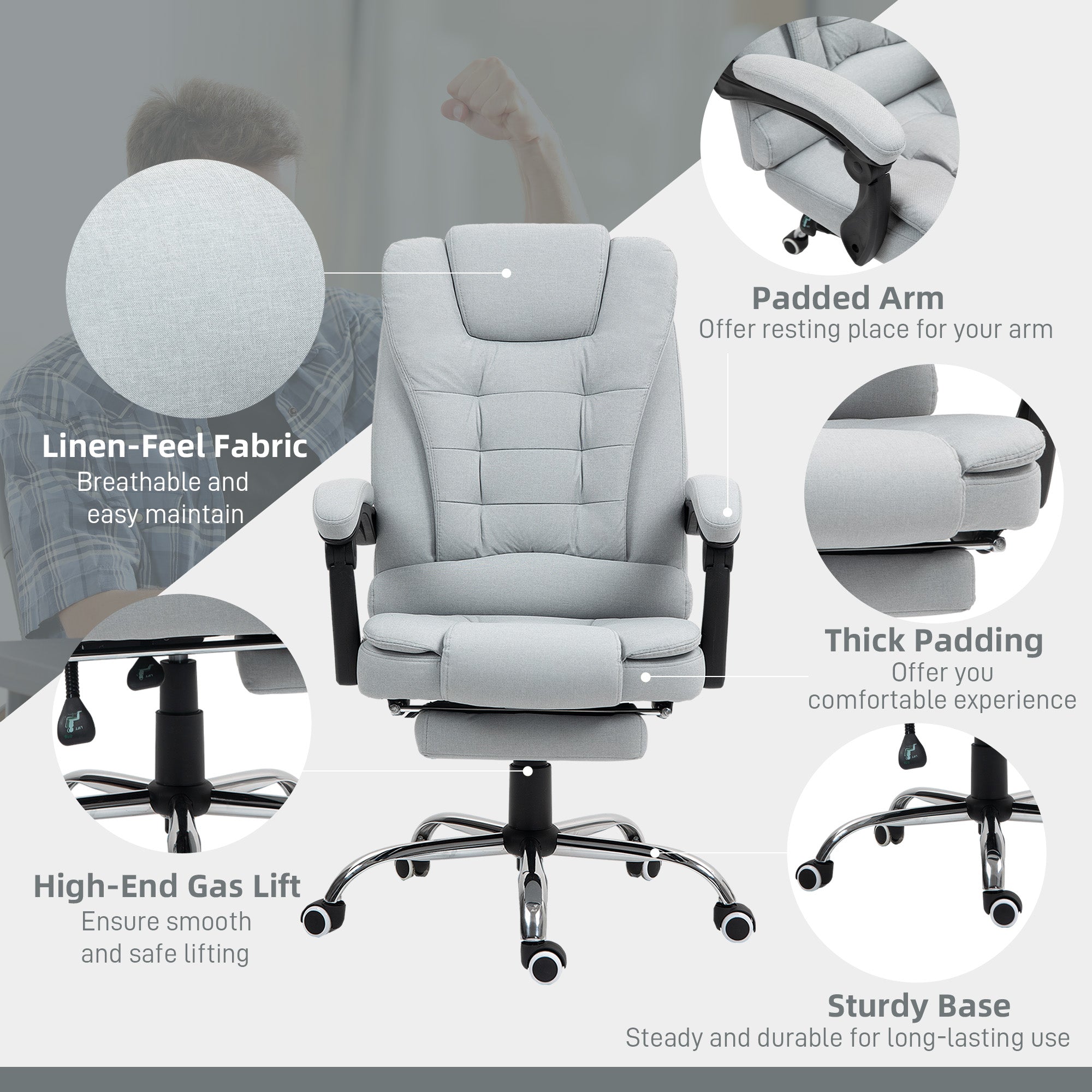 HOMCOM Linen-Look Adjustable Office Chair - Light Grey - North Peak Garden Furniture