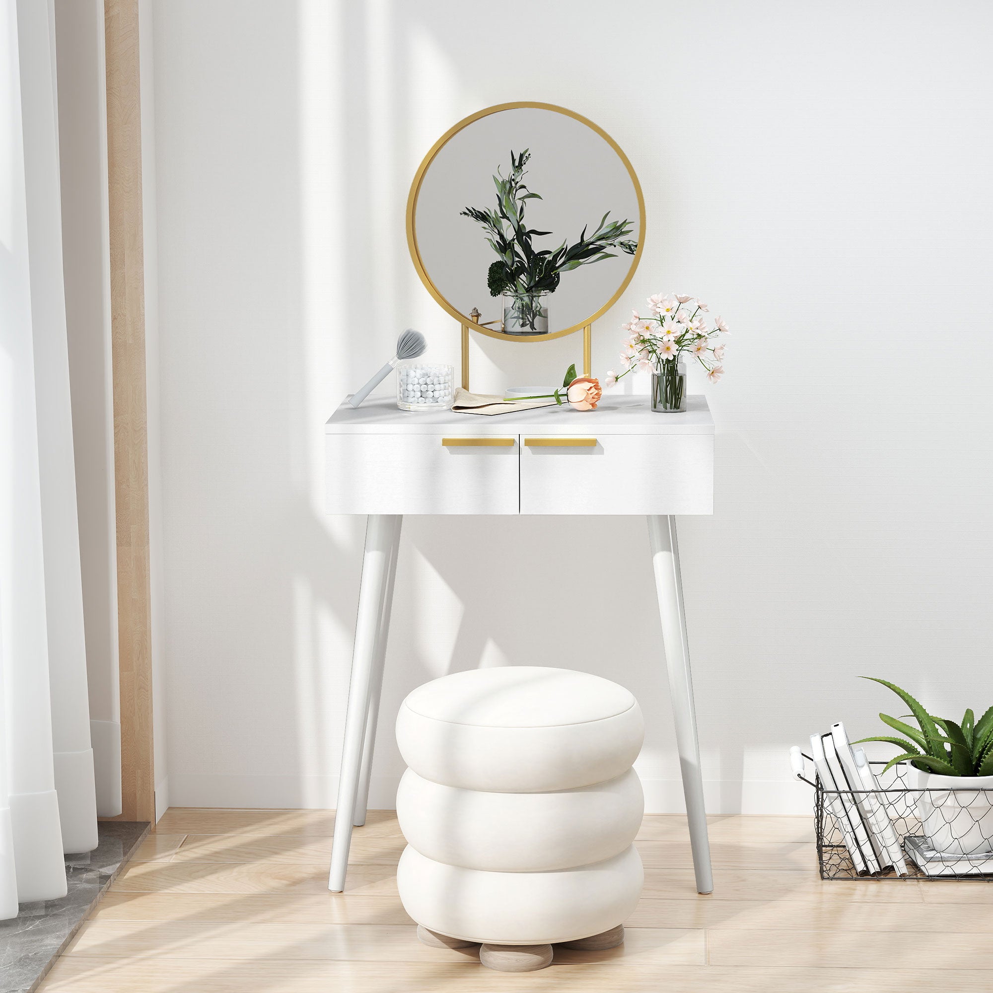 HOMCOM Elegant Dressing Table, with Round Mirror, 60 x 40 x 123 cm - White - North Peak Garden Furniture