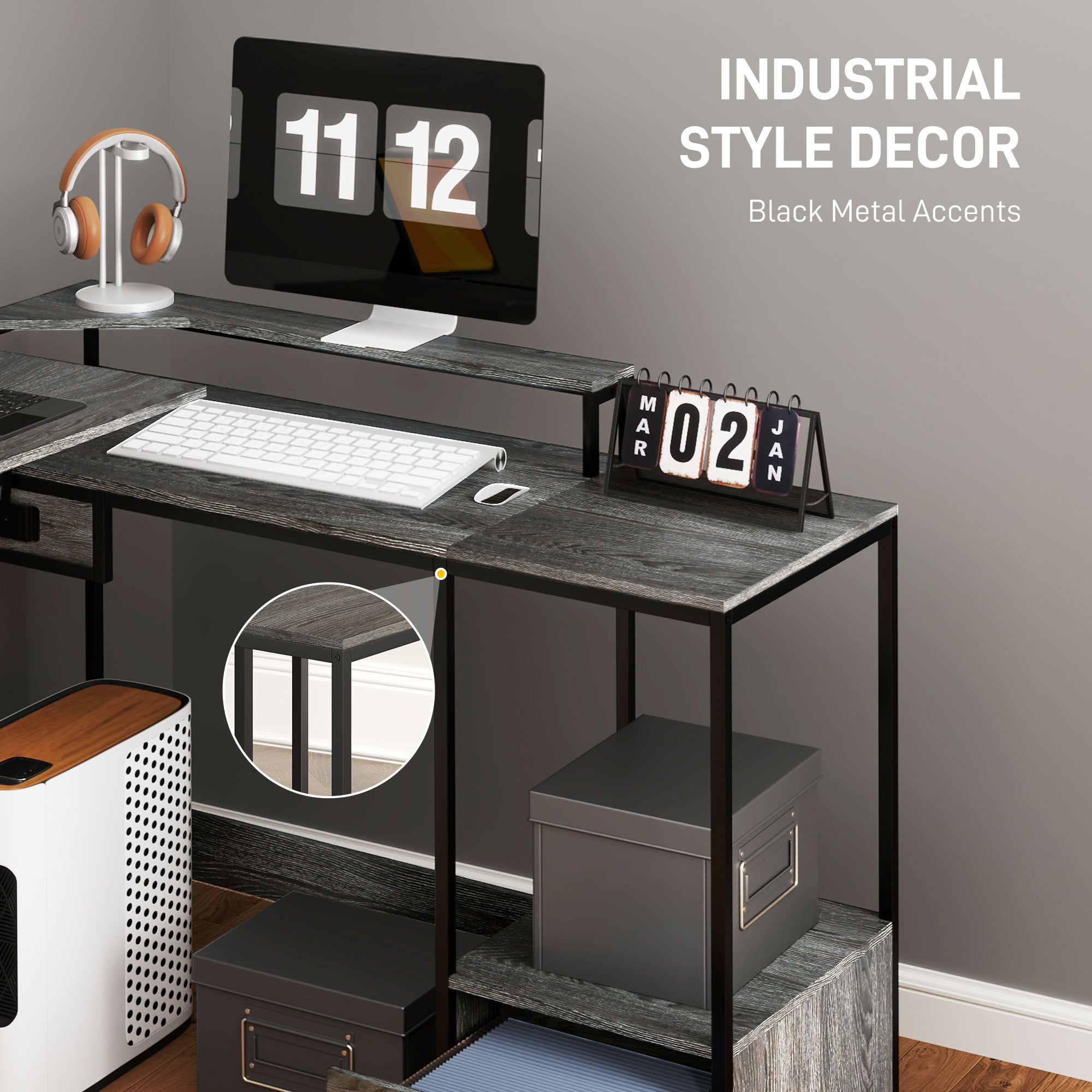 HOMCOM L Shaped Desk, Computer Desk with Liftable Desktop, Industrial Corner Desk with Drawer for A4/Letter Size, Home Office Desk with Monitor Stand for Home Office, Charcoal Grey - North Peak Garden Furniture