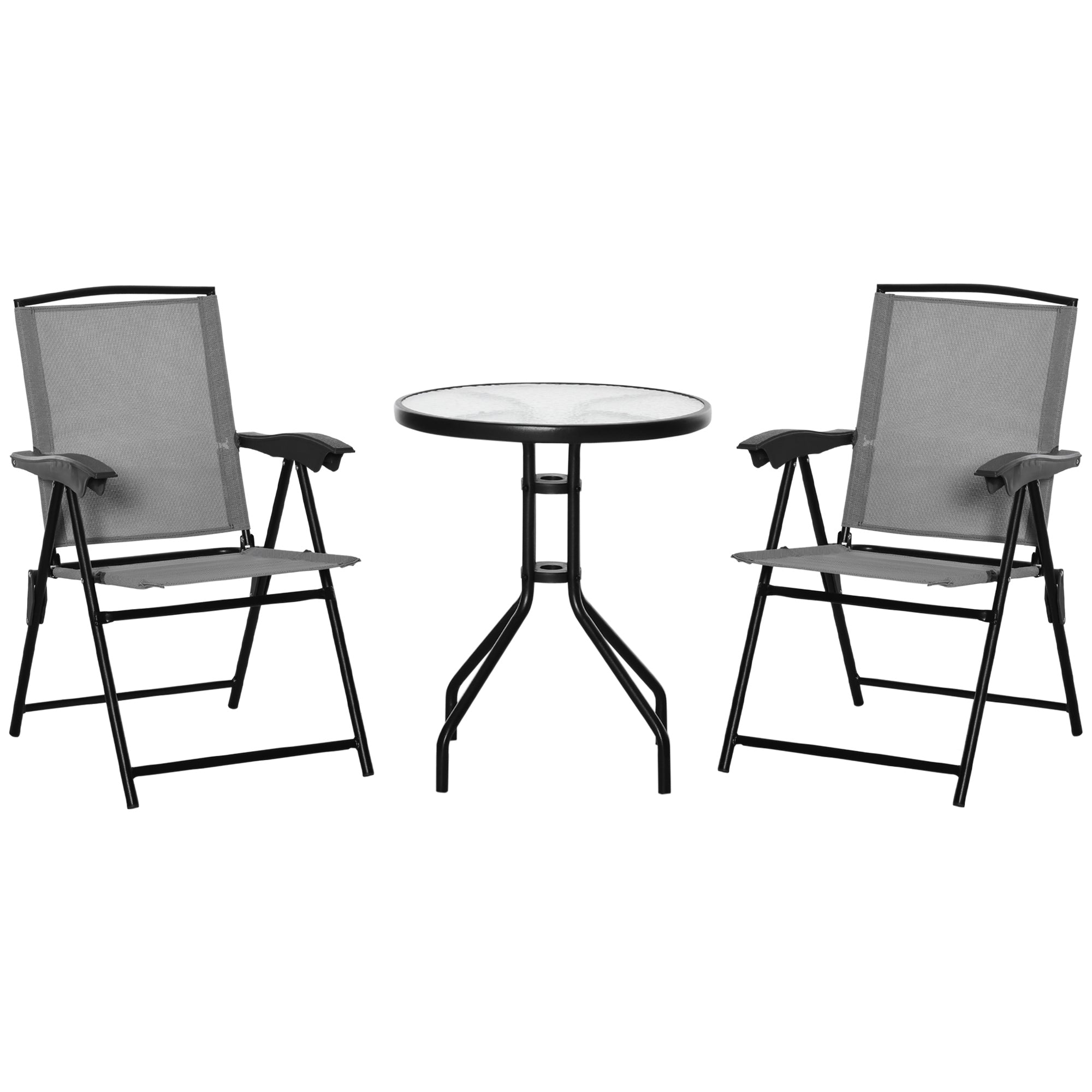 Outsunny 3 Piece Outdoor Bistro Set, Patio Conversation Furniture Set with 2 Folding Backrest Adjustable Armchairs and Glass Top Coffee Table, Grey - North Peak Garden Furniture