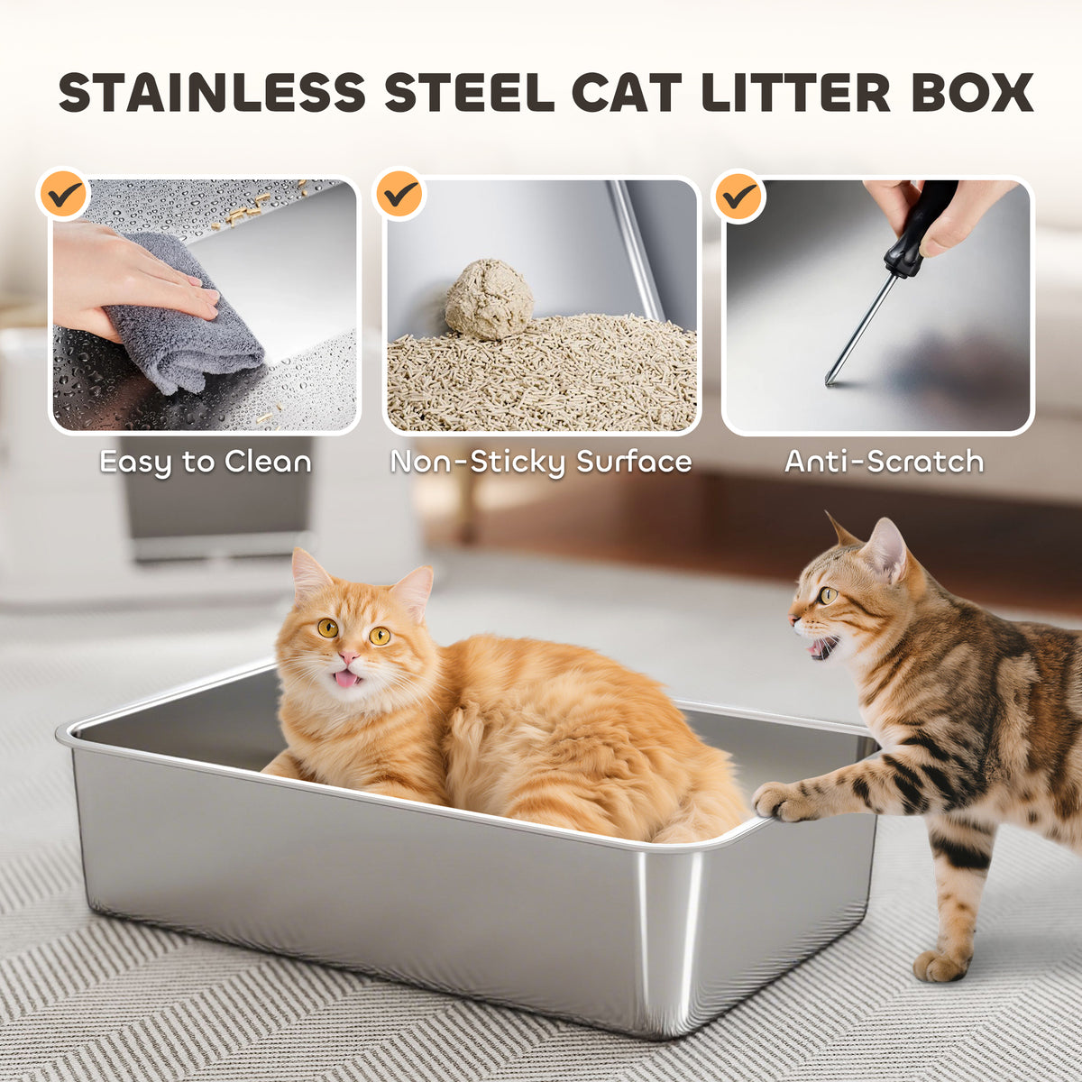 PawHut XL Stainless Steel Litter Box w/ 100° Flip Top, Scoop, Side Top Dual Entry, Odor Free, Easy Cleaning, Anti Leakage