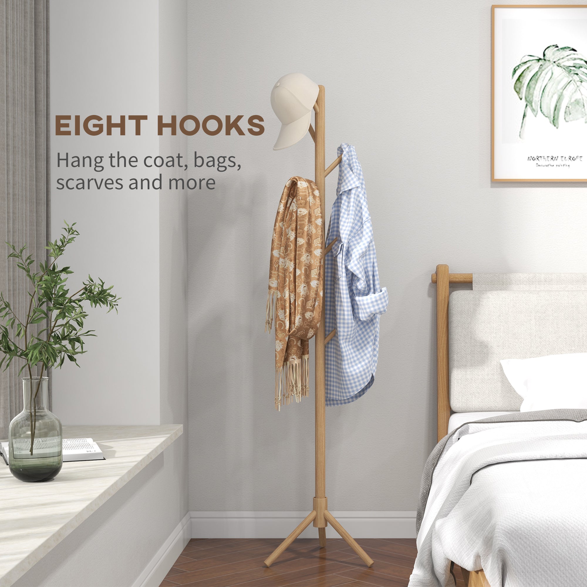 HOMCOM Eight-Hook Wooden Coat Rack - Natural