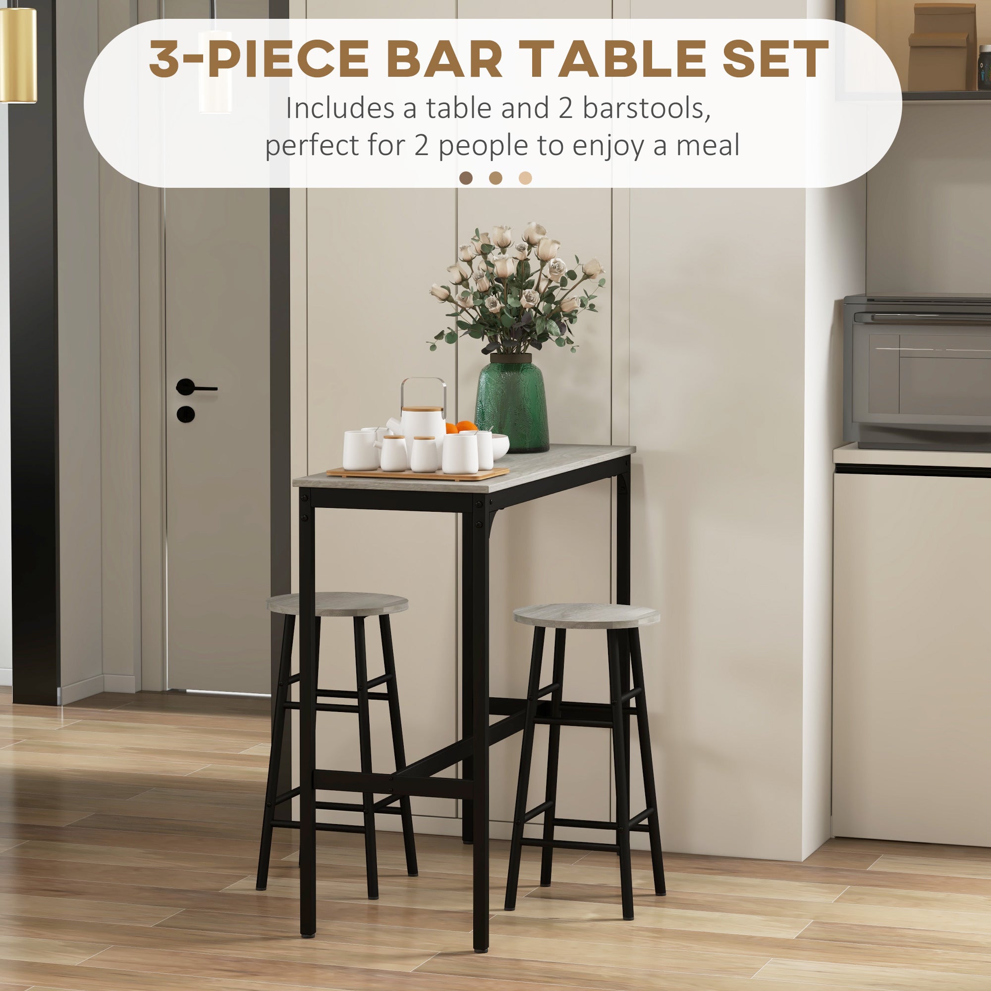 HOMCOM 3 Piece Bar Table Set with 2 Stools, Industrial Bar Table and Stool Set, Dining Table and Chair Set, Grey - North Peak Garden Furniture