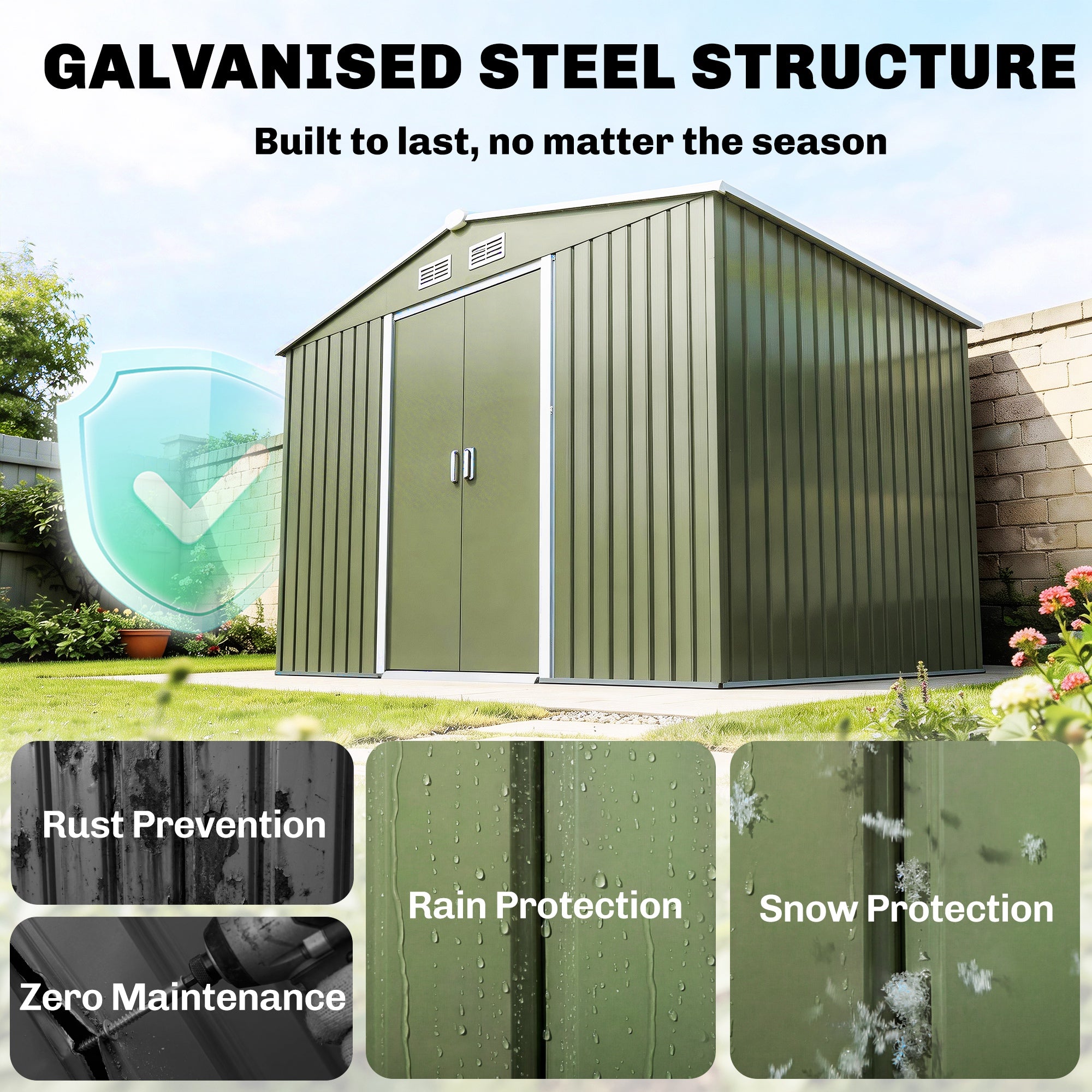 Outsunny 9 x 6ft Metal Garden Shed, Outdoor Storage Tool House with Ventilation Slots, Foundation Kit and Lockable Double Doors, Light Green
