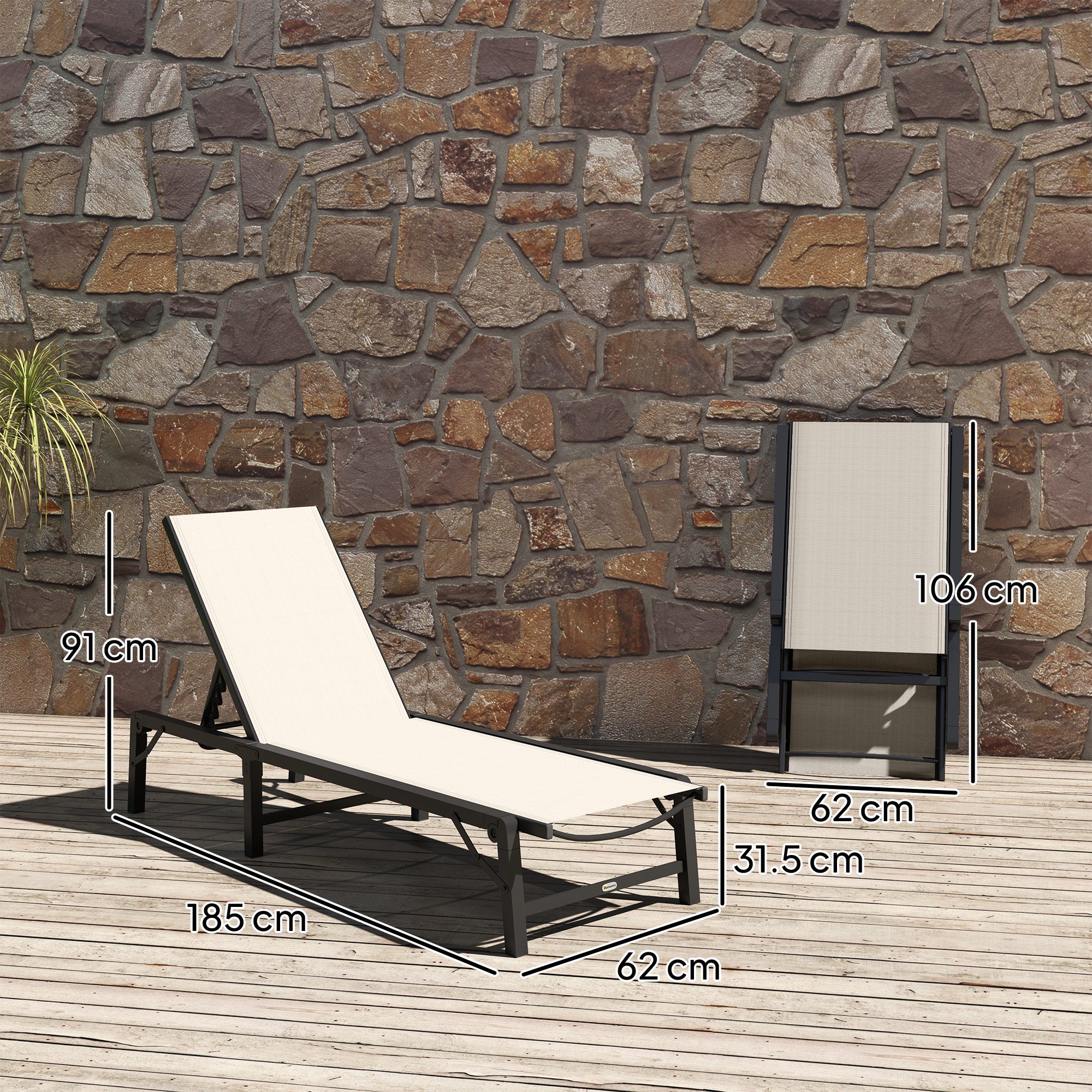 Outsunny Folding Sun Lounger, 5-Position Adjustable Garden Chaise Lounge Sunbed, Steel Frame Reclining Chair for Beach, Porch, Patio, Camping, Khaki - North Peak Garden Furniture