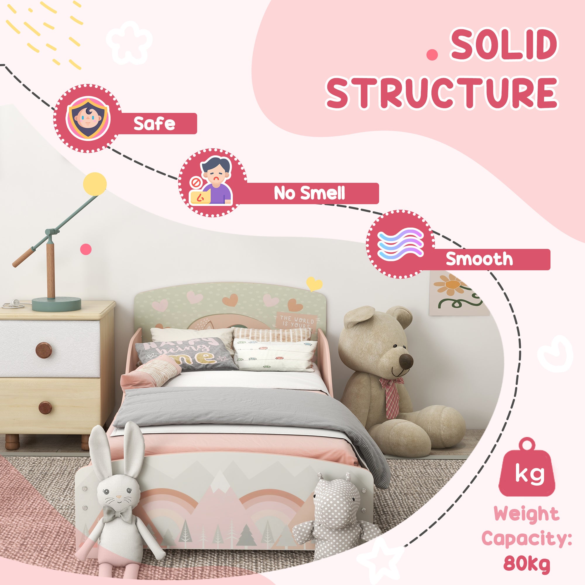 ZONEKIZ Toddler Bed Frame, Kids Dressing Table with Mirror and Stool, Cute Animal Design Kids Bedroom Furniture Set for Ages 3-6 Years, Pink - North Peak Garden Furniture
