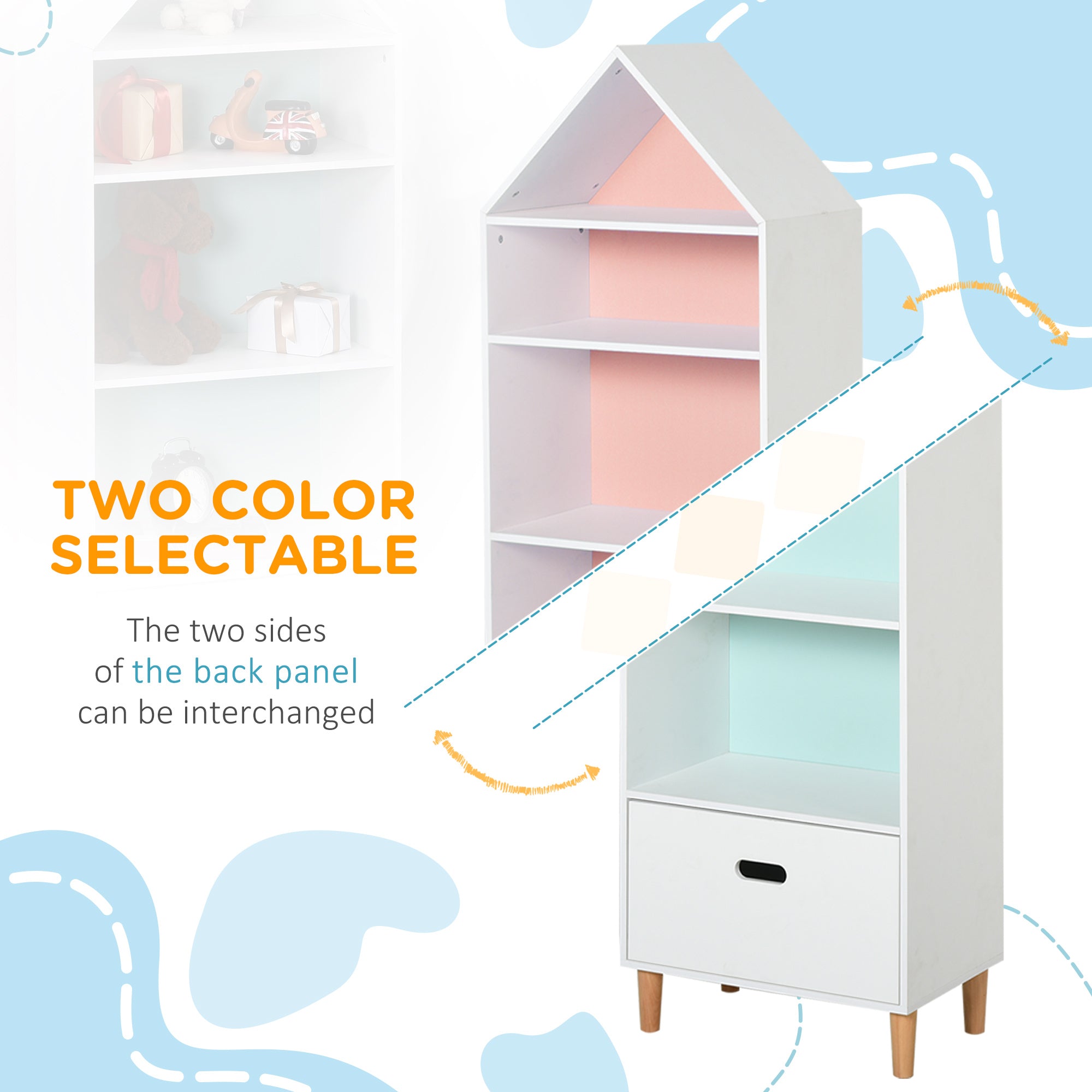 HOMCOM Kids Children Wooden Bookcase w/Drawer Bedroom Furniture Bookshelf Storage Rack Display Unit Toys Games Organisation Cabinet Pink Blue Back Panel 50 x 30 x 142 cm - North Peak Garden Furniture
