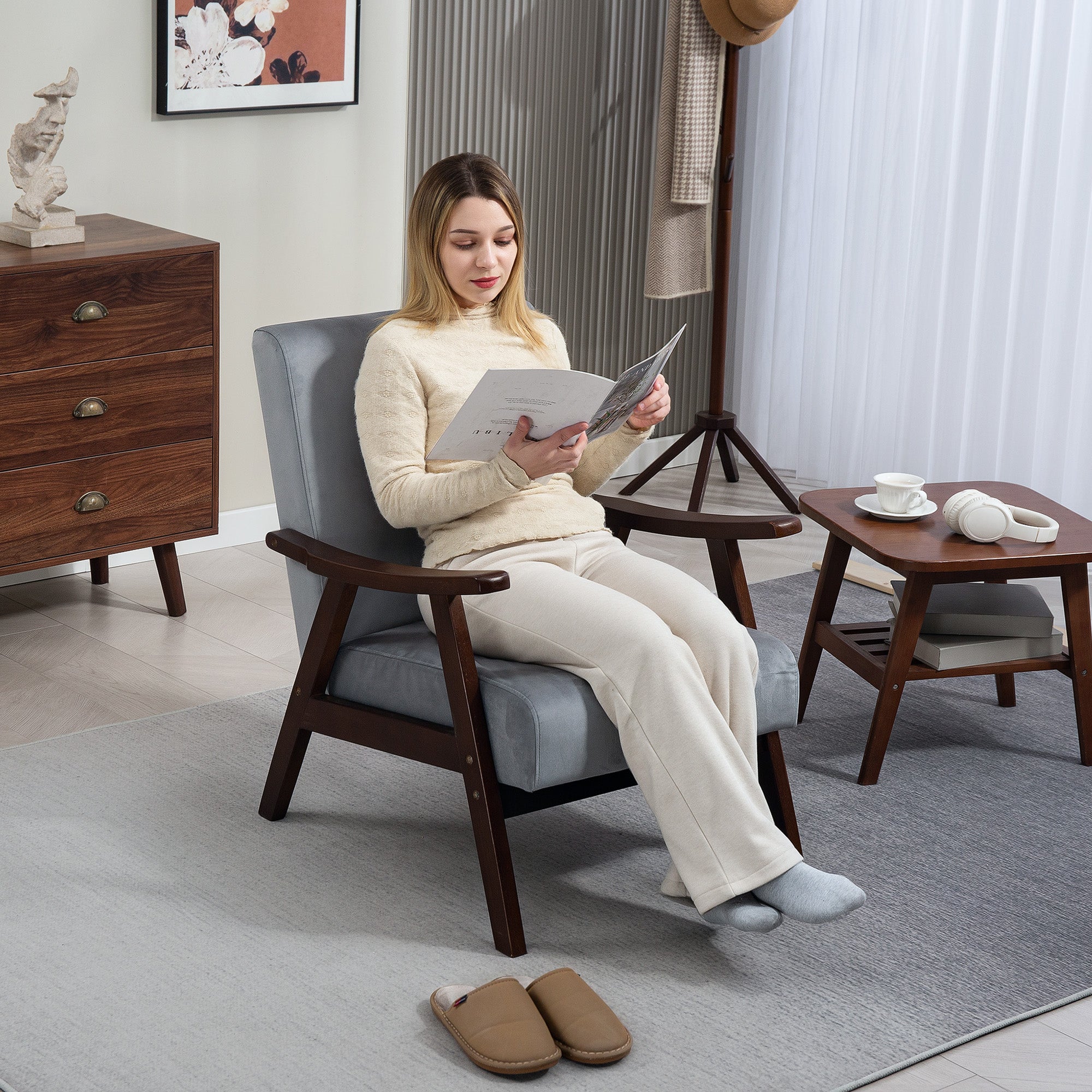 HOMCOM Nordic Accent Chair, Upholstered Velvet Armchair with Solid Wood Frame and Soft Thick Padded for Living Room, Bedroom, Grey - North Peak Garden Furniture
