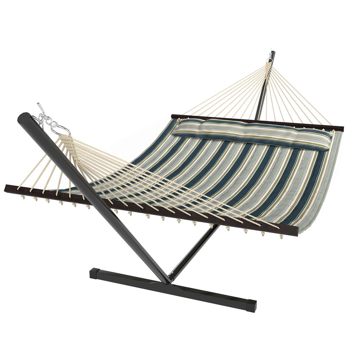 Outsunny Outdoor Hammock with Stand Detachable Pillow Striped Swing Steel Frame, for Garden, Patio, Green