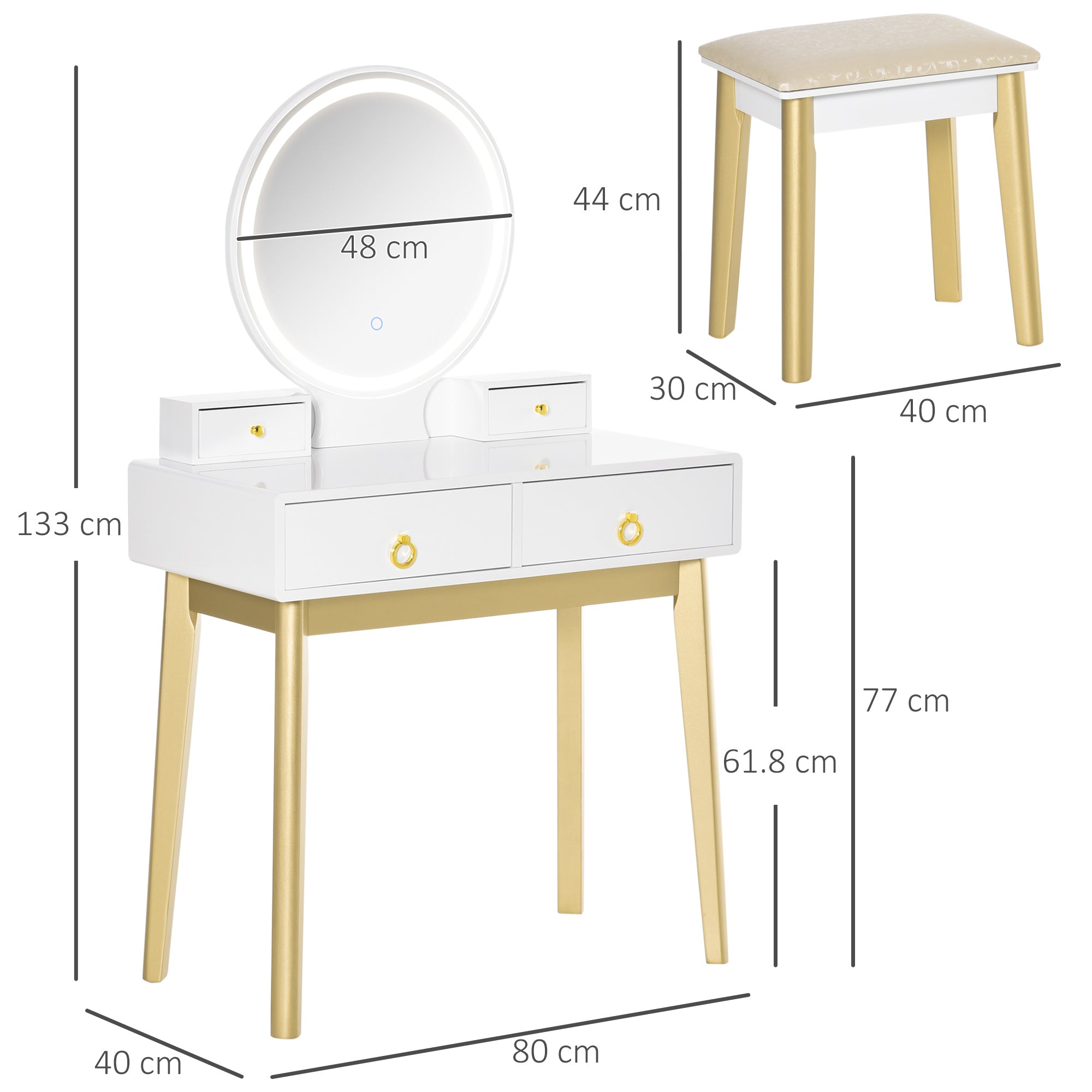 HOMCOM Dressing Table Set with Mirror, Built-in 3 Color LED Light, Vanity Makeup Table with 4 Drawers and Cushioned Stool for Bedroom, White