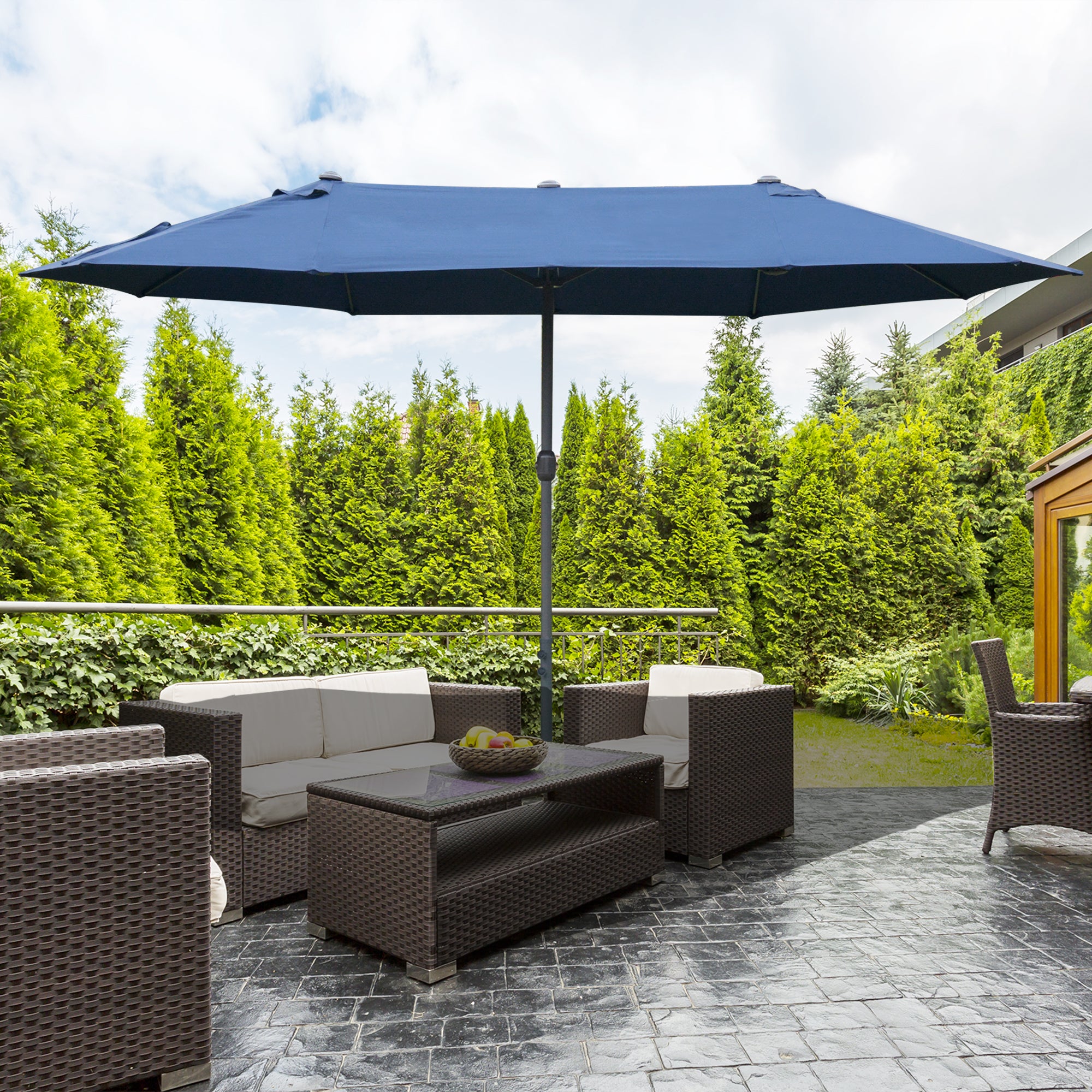 Outsunny 4.6M Sun Umbrella Canopy Double-sided Crank Sun Shade w/ Cross Base Dark Blue - North Peak Garden Furniture