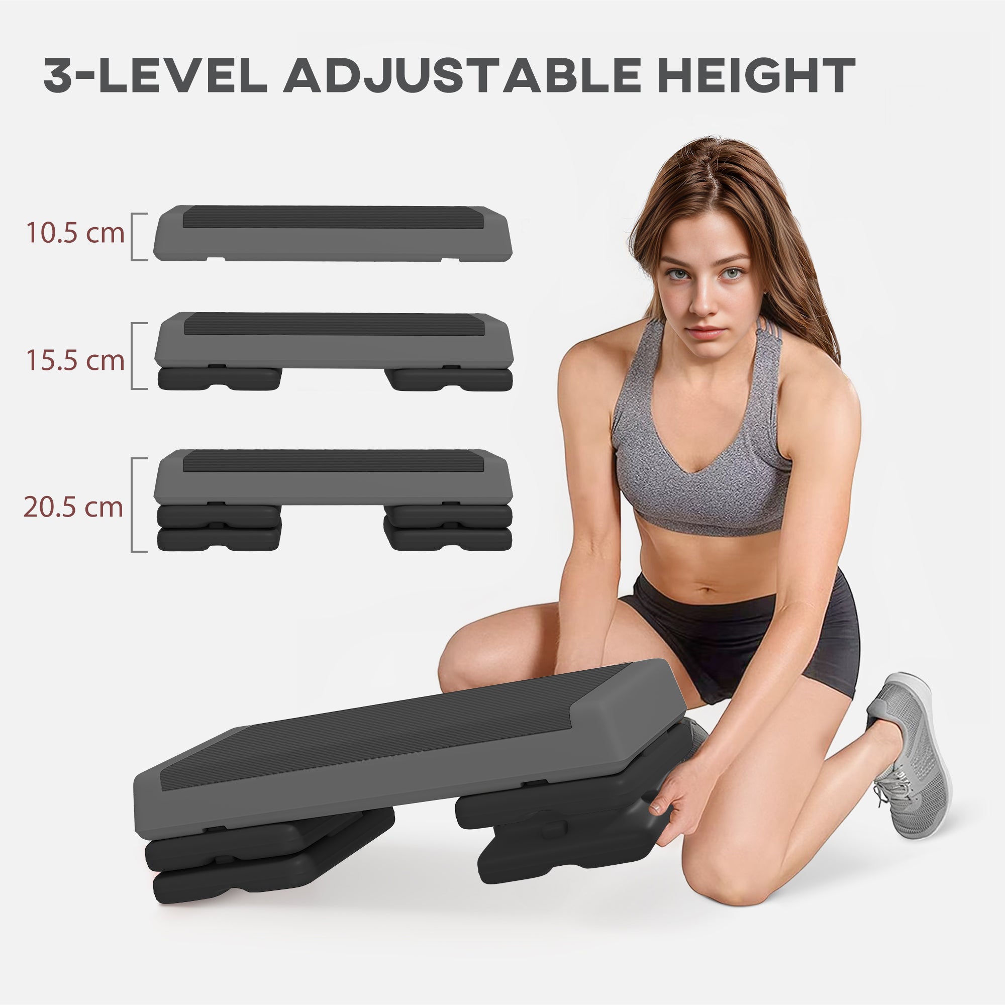 SPORTNOW Fitness Stepper, 3-Height Adjustable Aerobic Step, Non-Slip Exercise Step Board for Home Gym Office Workout, 10.5cm, 15.5cm, 20.5cm, Grey - North Peak Garden Furniture