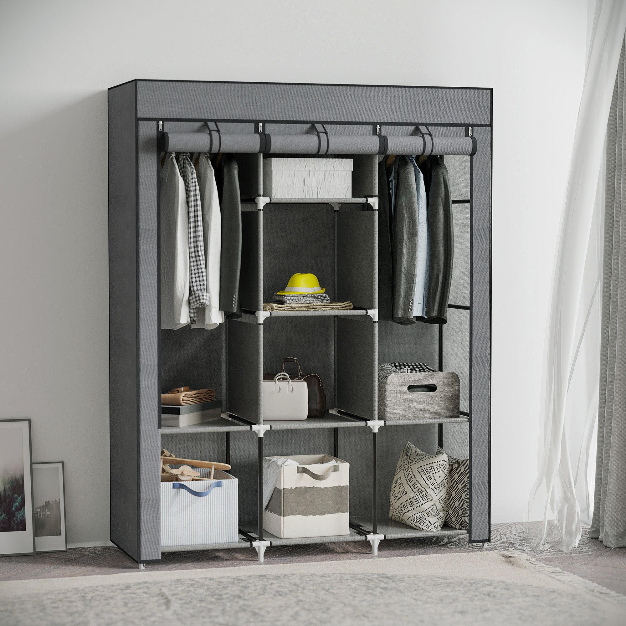 HOMCOM Fabric Wardrobe, Portable Wardrobe, Clothes Storage Unit with 8 Shelves, 2 Hanging Rods, 125 x 43 x 162.5 cm, Dark Grey - North Peak Garden Furniture