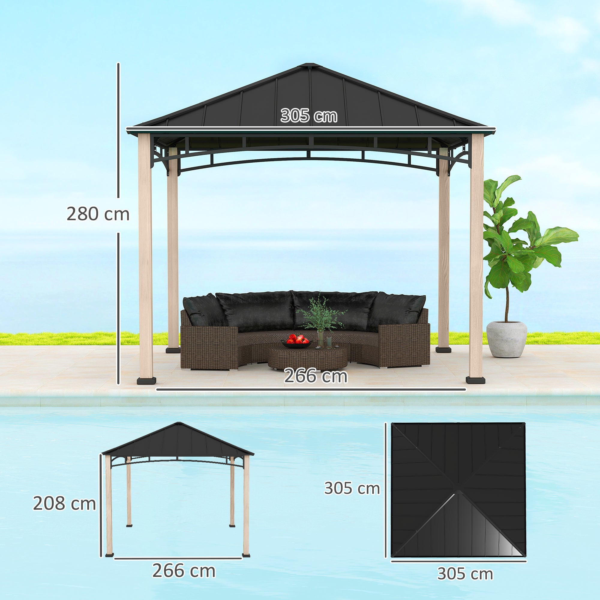 Outsunny 3 x 3 m Decorative Metal Gazebo - Black/Wood-Effect - North Peak Garden Furniture