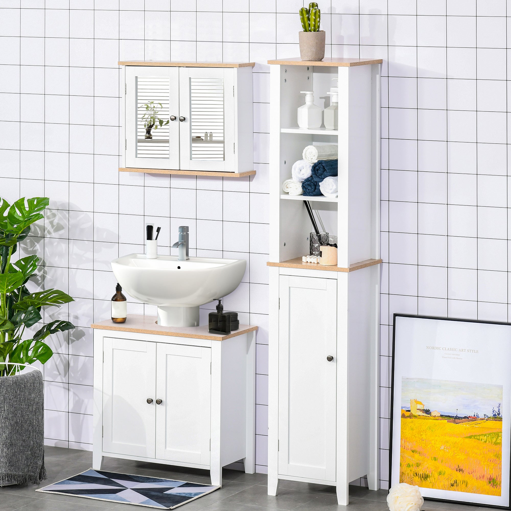 kleankin Bathroom Mirror Cabinet Wall Mounted Storage Cupboard with Double Door and Adjustable Shelf, White - North Peak Garden Furniture