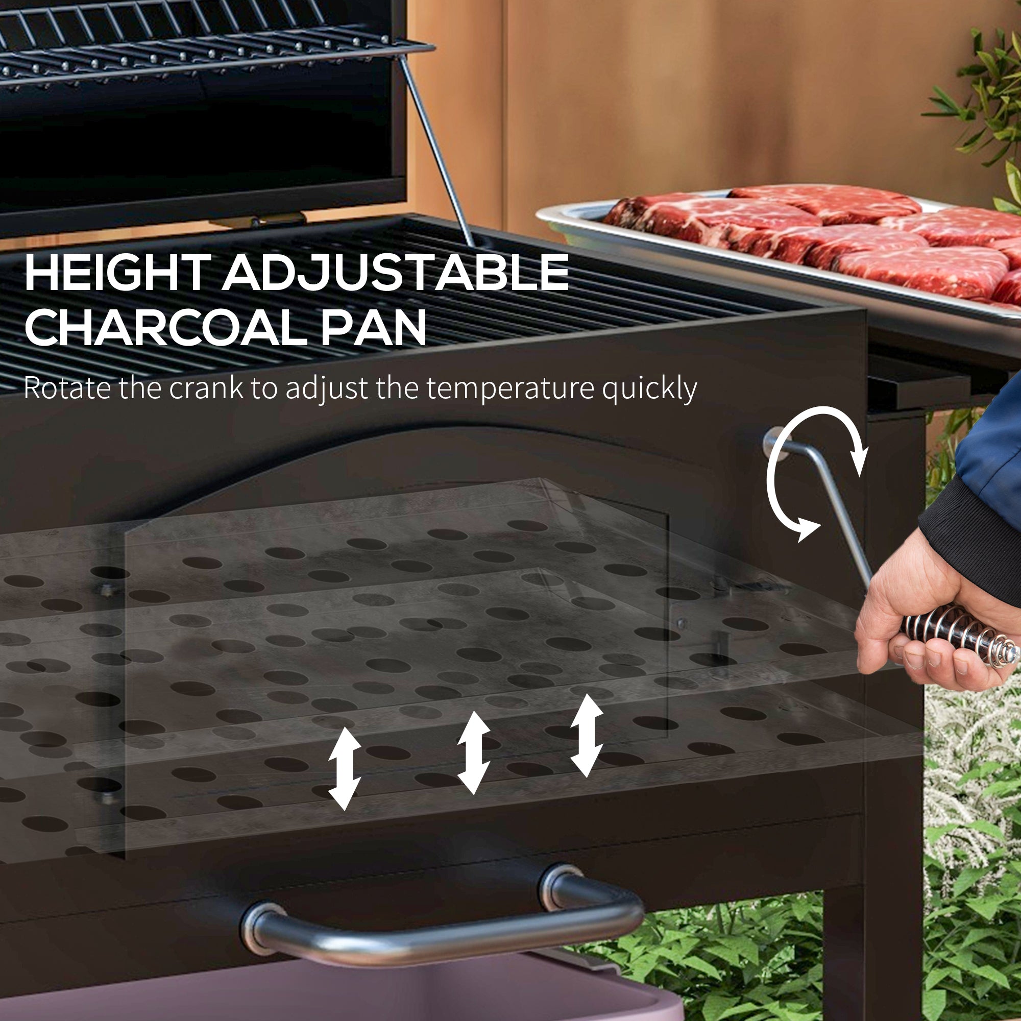 Outsunny Charcoal Barbecue Grill Trolley Garden Smoker with Shelves, Adjustable Height, Thermometer on Lid, Opener and Wheels - North Peak Garden Furniture