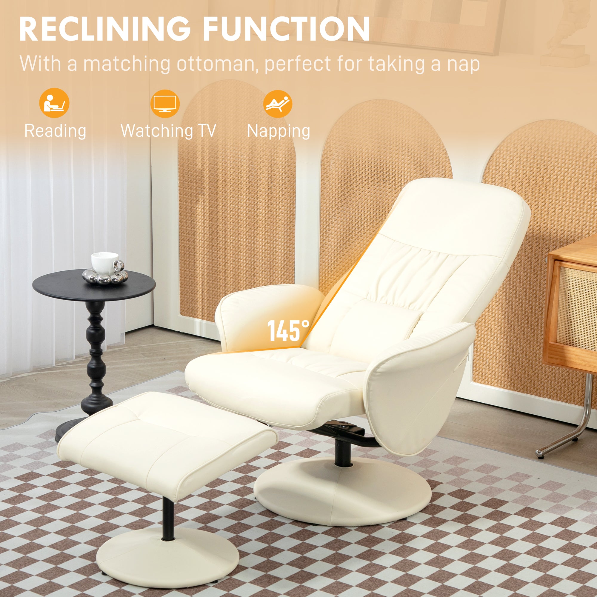 HOMCOM Swivel Recliner Chair with Footstool, PU Leather Armchair and Ottoman with High Back and Round Base for Living Room, Cream White - North Peak Garden Furniture
