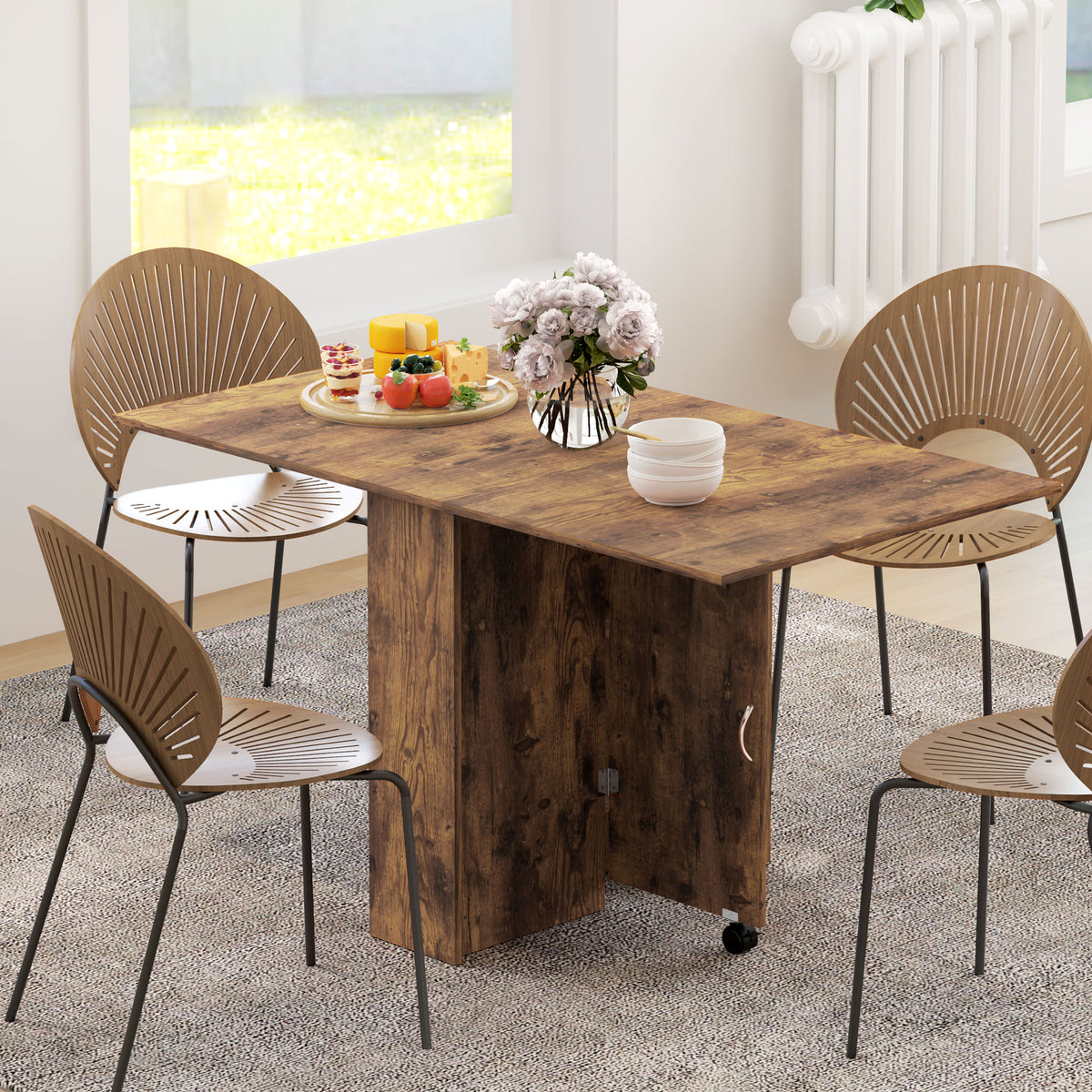 HOMCOM 80-140 cm Folding Dining Table for 4-6 People, Drop Leaf Table with 2-Tier Shelves, Rolling Casters, Rustic Brown