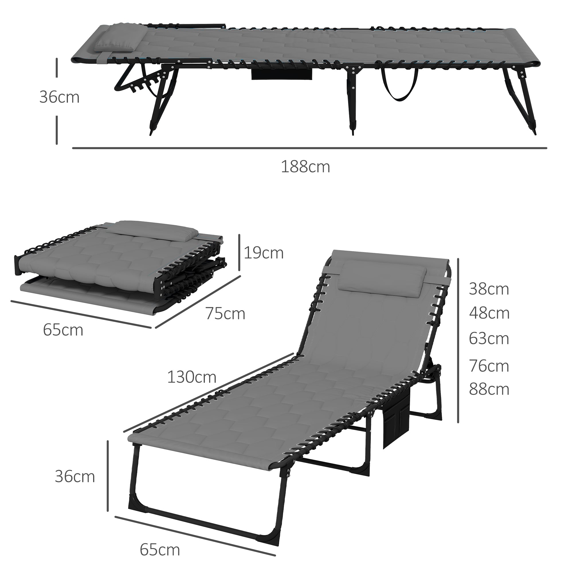 Outsunny Foldable Sun Lounger with 5-level Reclining Back, Outdoor Tanning Chair Sun Lounger with Build-in Padded Seat, Side Pocket, Headrest for Beach, Yard, Patio, Grey - North Peak Garden Furniture
