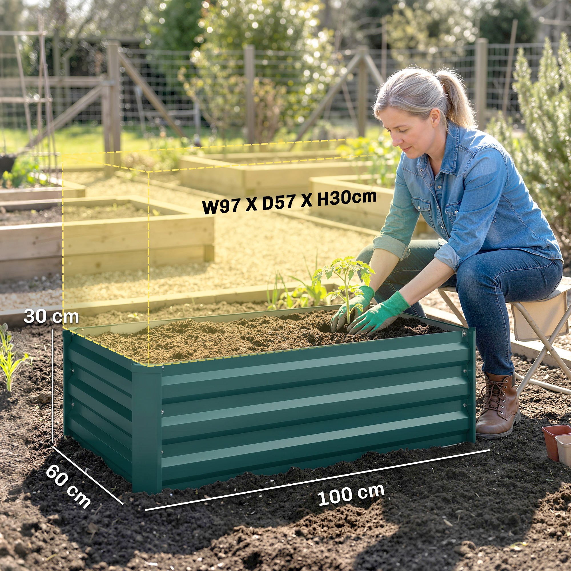 Outsunny Set of Two 60 x 100cm Galvanised Steel Planters, Green