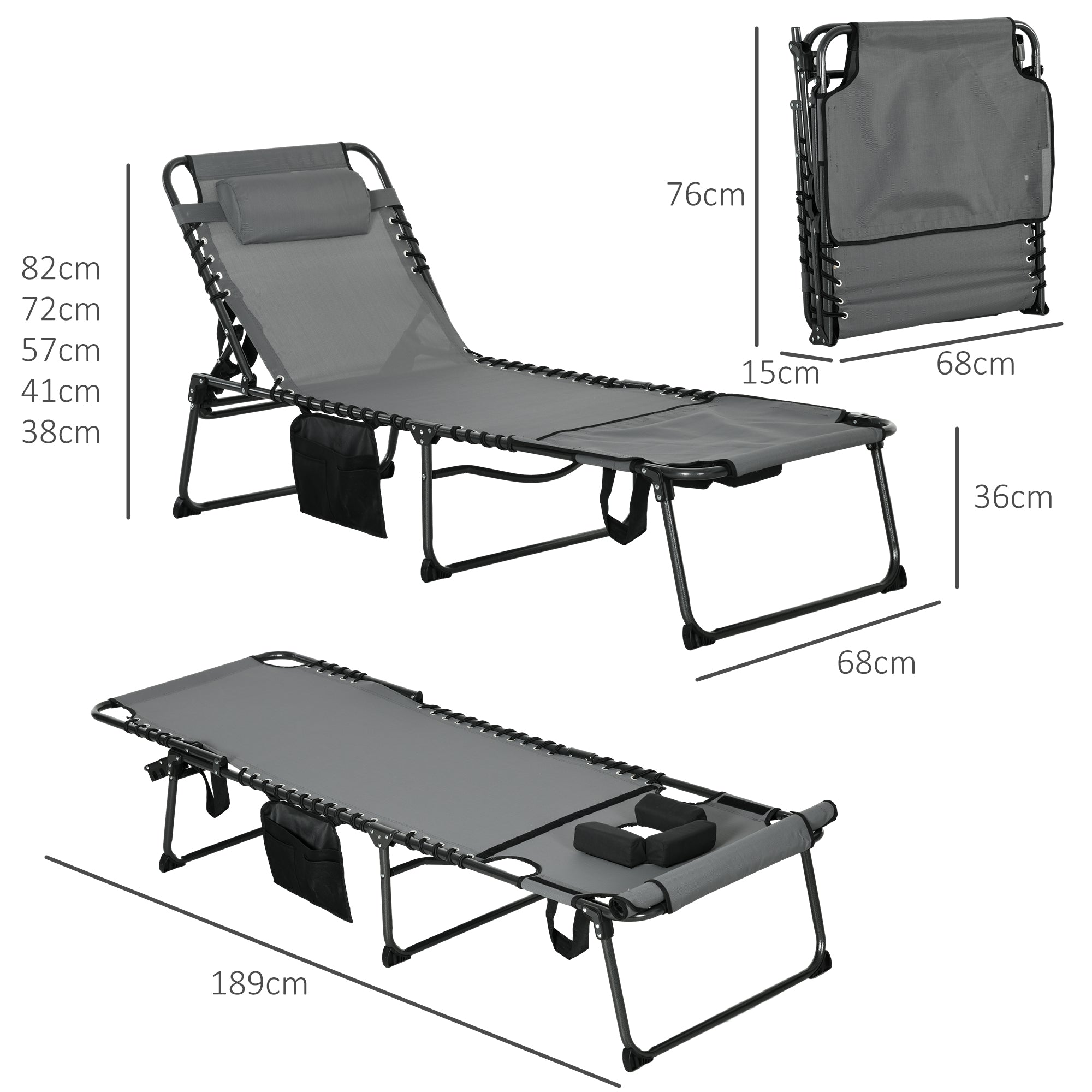 Outsunny Folding Sun Lounge with 5-level Reclining Back, Outdoor Tanning Chair with Reading Hole, Outdoor Sun Lounge with Side Pocket, Headrest, for Beach, Yard, Patio, Grey