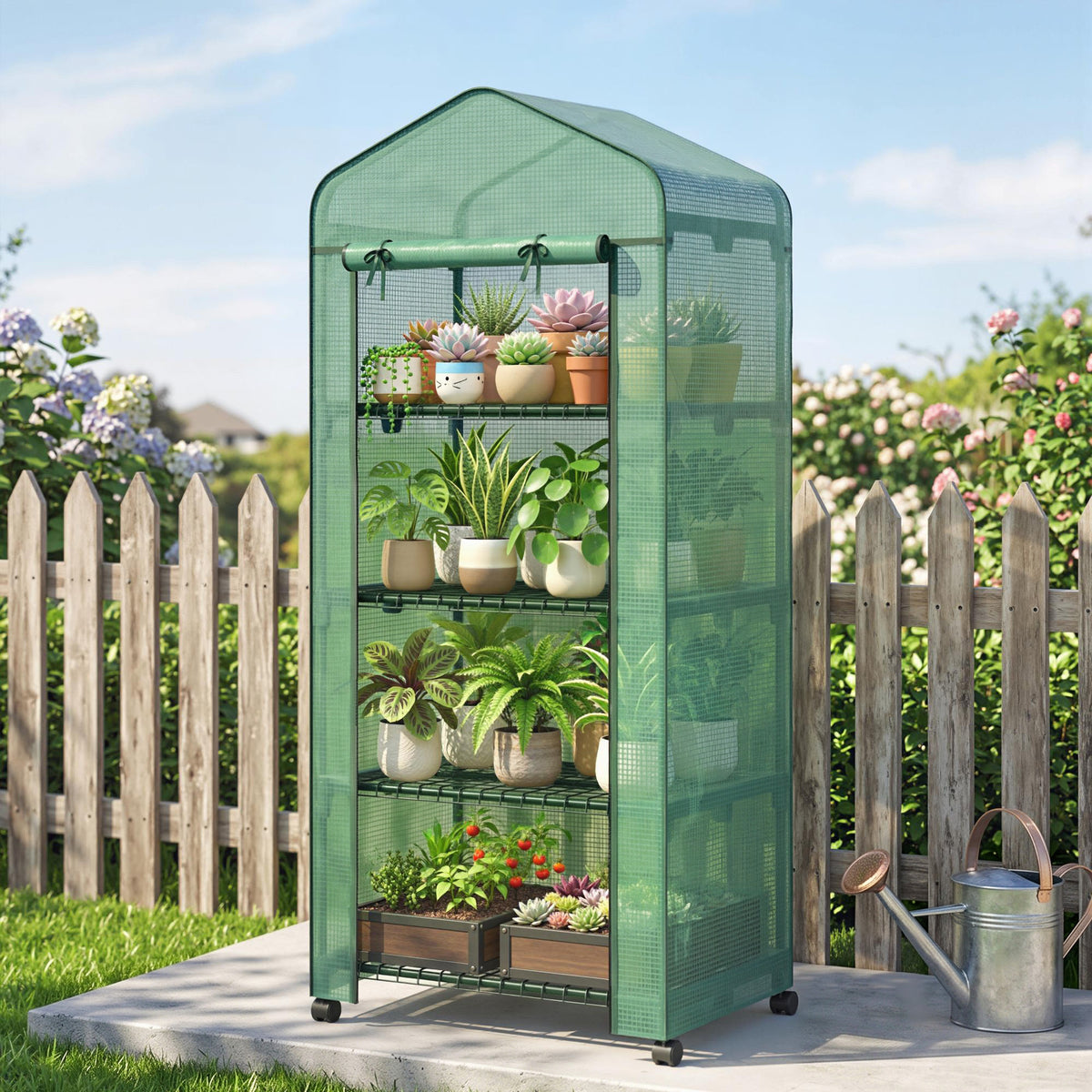 Outsunny 4 Tier Mini Portable Greenhouse Compact Plant Grow Shed Metal Frame PE Cover with Lockable Rolling Wheels , Green