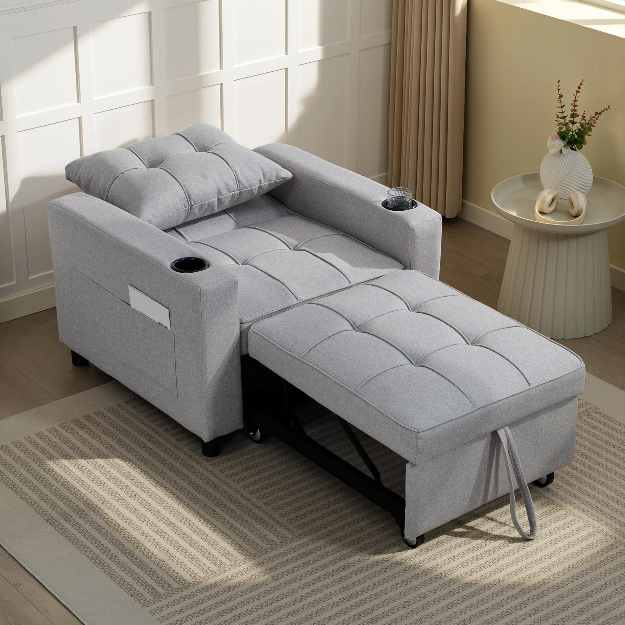 HOMCOM 3-in-1 Single Sofa Bed, Convertible Sleeper Chair Bed - Light Grey
