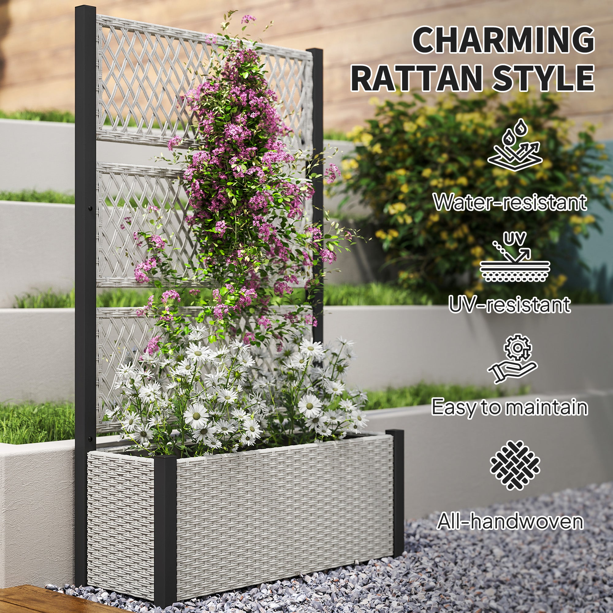 Outsunny Garden Planter Box with Trellis, Liner for Climbing Plants, Vegetables, Flowers, 90 x 35 x 148 cm, Mixed-grey - North Peak Garden Furniture