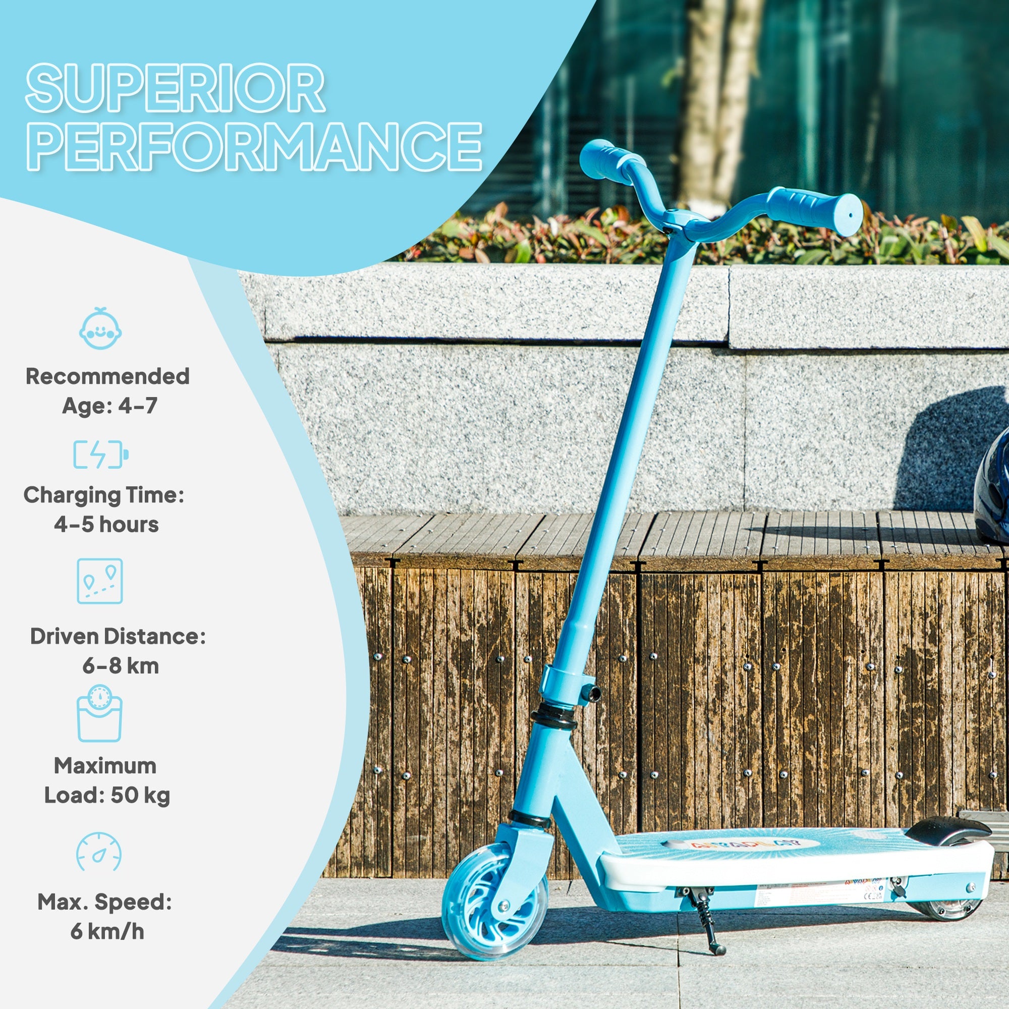AIYAPLAY Electric Scooter for Kids Ages 4-7, with Auxiliary Rear Wheels, Flashing LED Light and Electric Brake, Kids Electric Scooter for Boys Girls, 6 KM/H & 8 KM, Blue - North Peak Garden Furniture