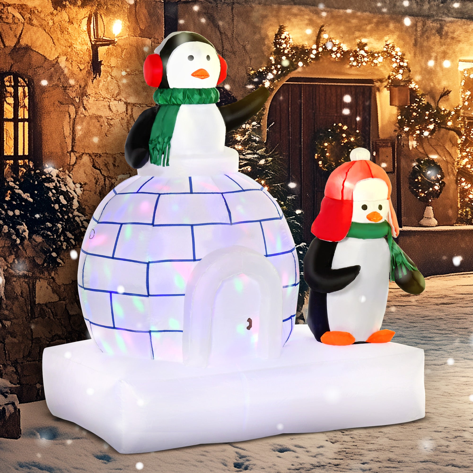 HOMCOM 5ft Christmas Inflatable Two Penguins Wearing a Scarf with Ice House Blow Up Decor Home Indoors with Built-in LED Lights Outdoor Toys in Lawn Garden - North Peak Garden Furniture