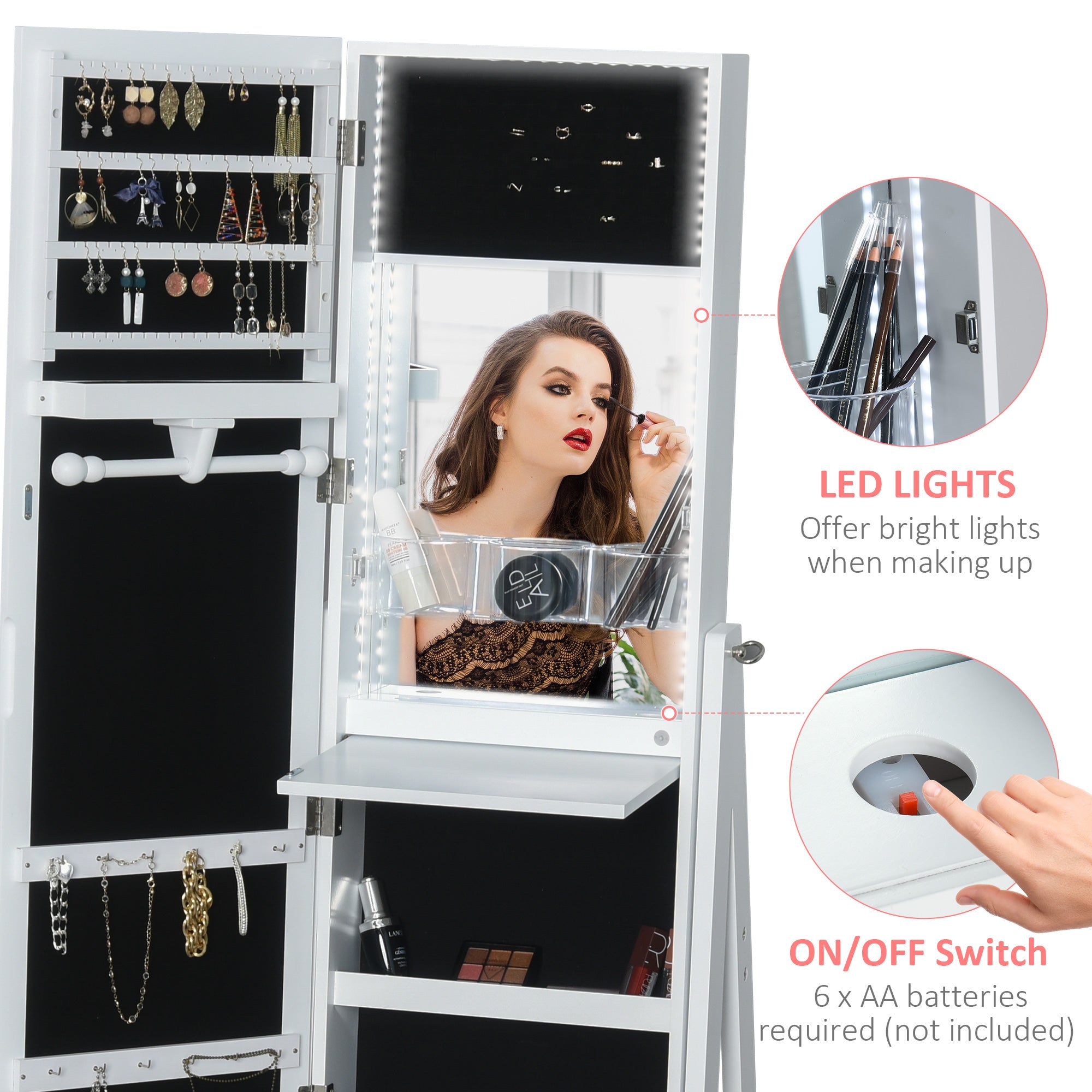 HOMCOM Jewellery Cabinet, Standing Mirror with LED Lights, Full-Length Mirror with Storage Drawers, Hooks and Shelves, Make-Up Armoire, Jewellery Organiser for Bedroom, White - North Peak Garden Furniture