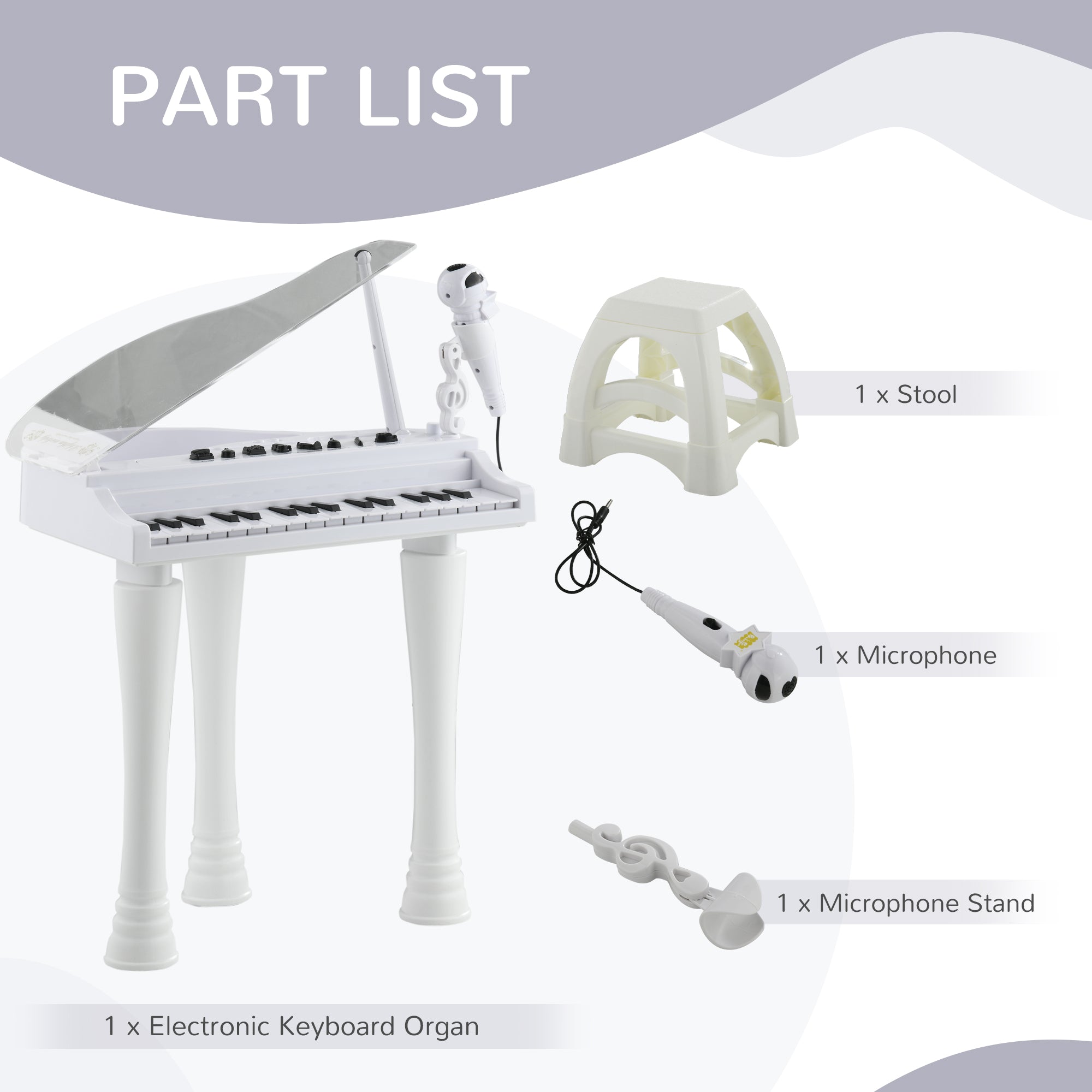 AIYAPLAY 32-Key Kids Piano Keyboard, with Stool, Lights, Microphone, Sounds, Removable Legs - White - North Peak Garden Furniture