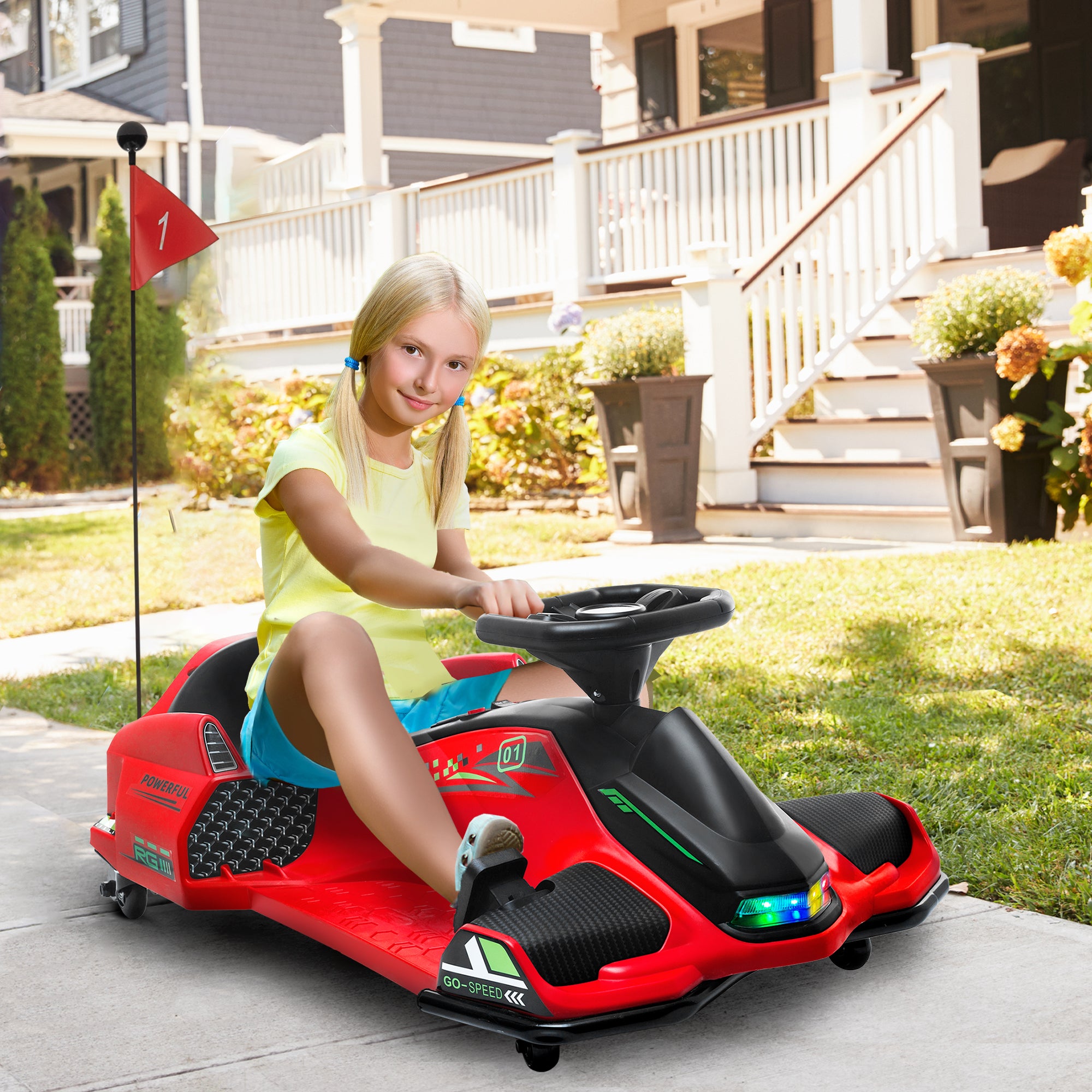 HOMCOM 12V Kids Electric Go Kart with Music, LED Lights, Slow Start, Red - North Peak Garden Furniture
