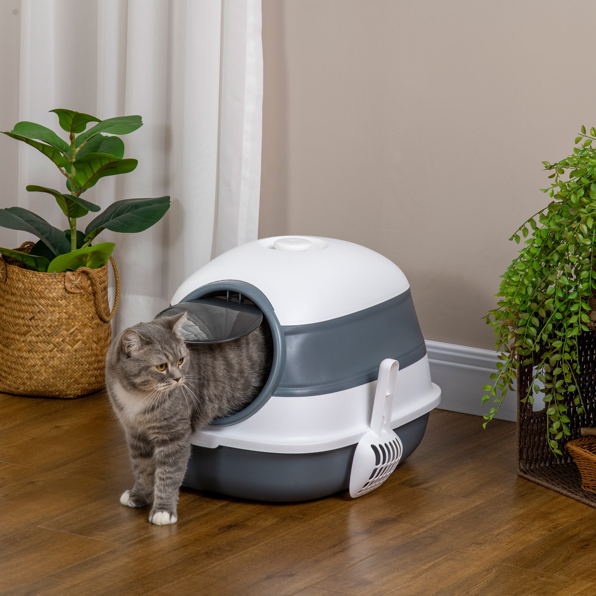 PawHut Foldable Cat Litter Tray with Lid, Deodorant, Scoop, White - North Peak Garden Furniture