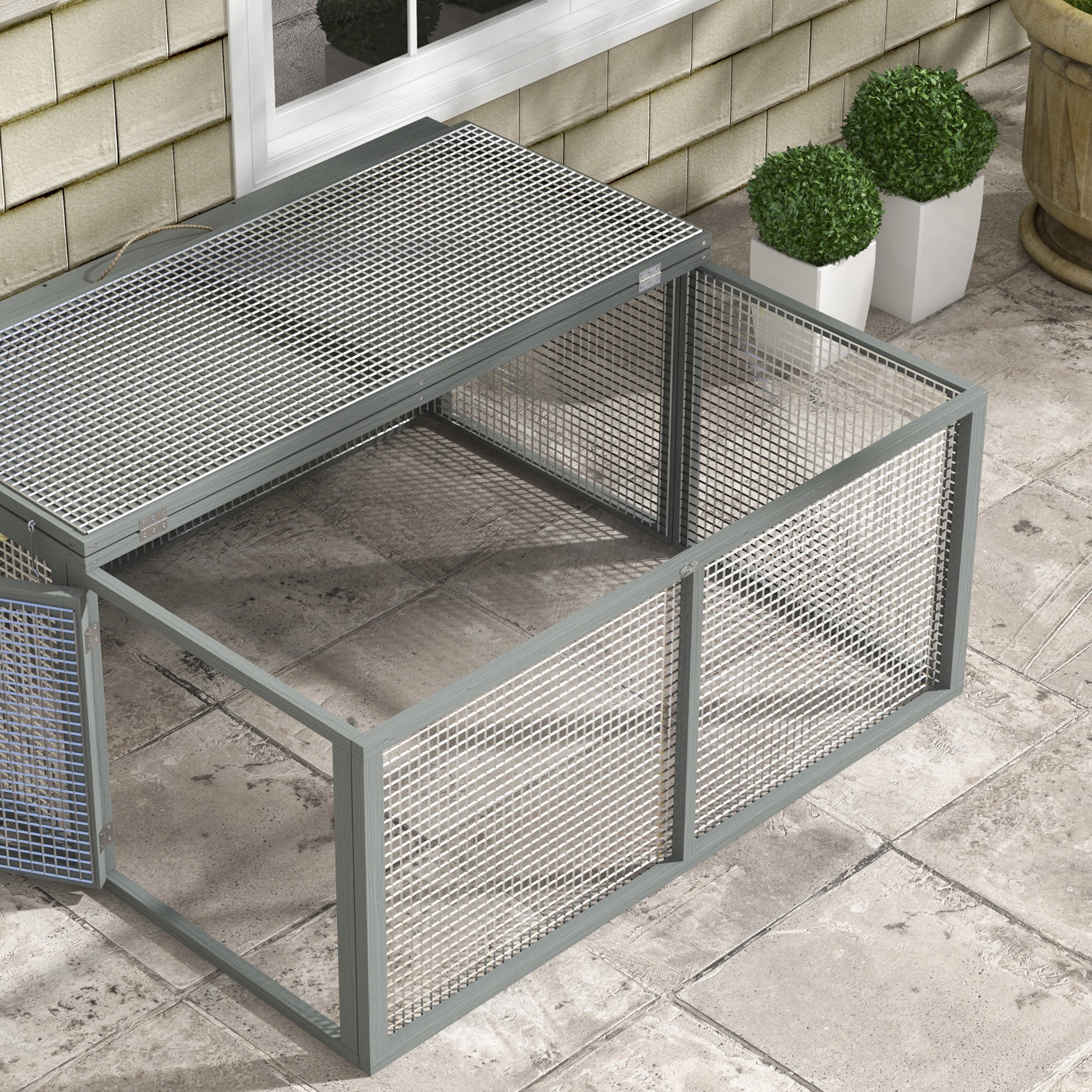 PawHut Wooden Folding Rabbit Hutch, for 2-3 Rabbits - Grey