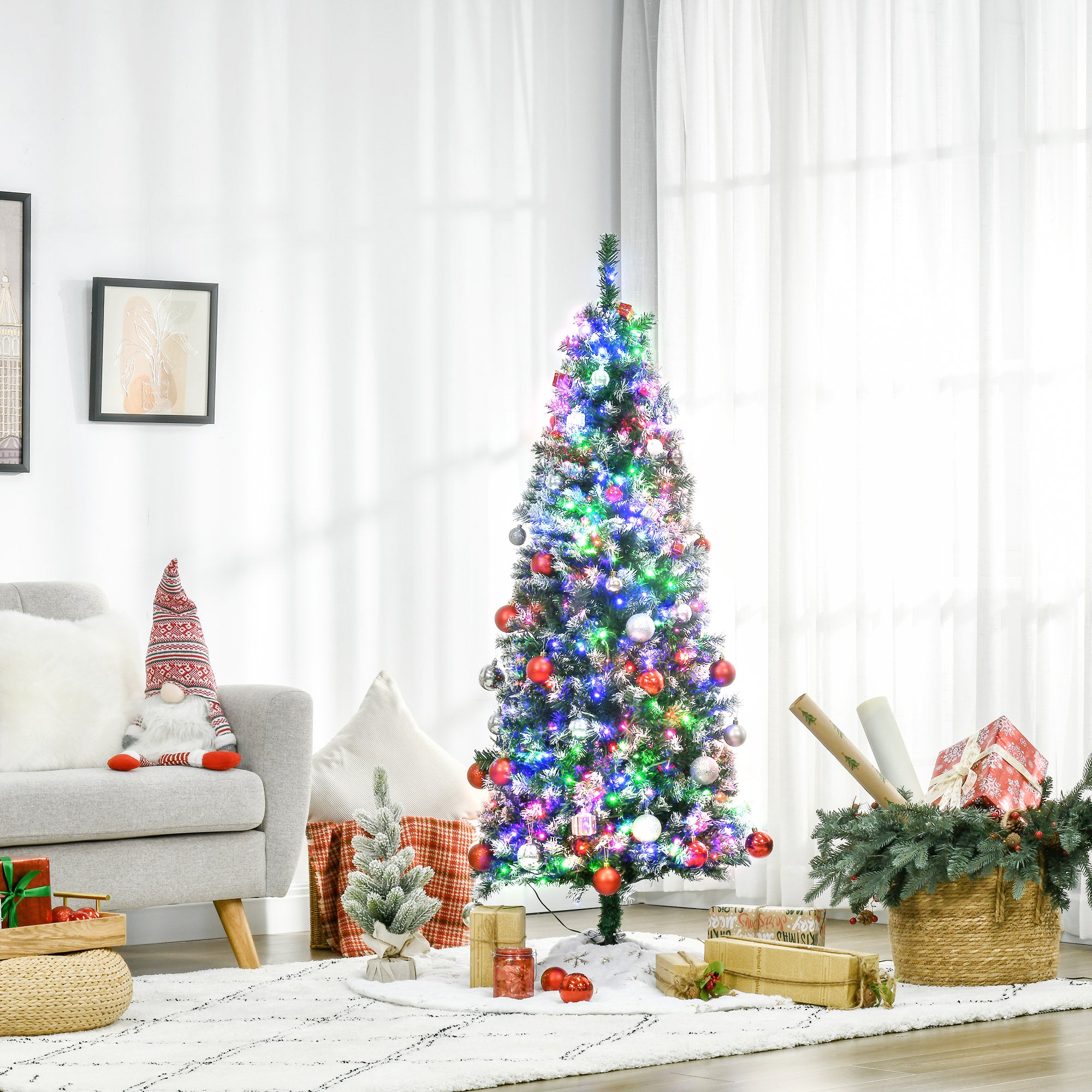 HOMCOM 5FT Tall Prelit Pencil Slim Artificial Christmas Tree with Realistic Branches, 250 Colourful LED Lights and 408 Tips, Xmas Decoration, Green - North Peak Garden Furniture