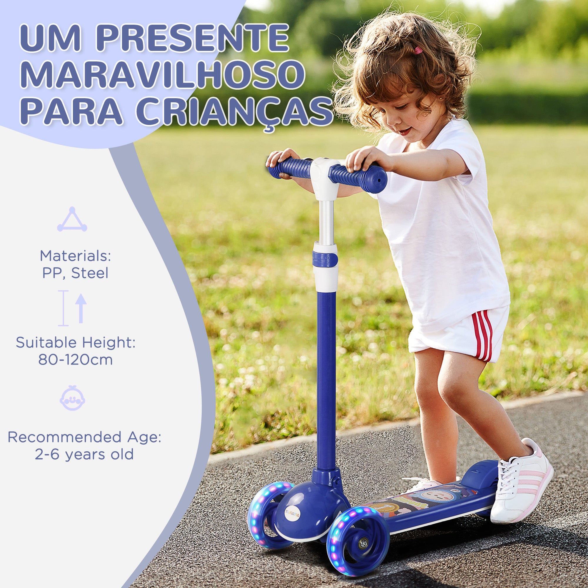 AIYAPLAY Kids 3 Wheel Scooter for 2-6 Years Old w/ Adjustable Height, LED Light, TPE Handlebar, Blue - North Peak Garden Furniture