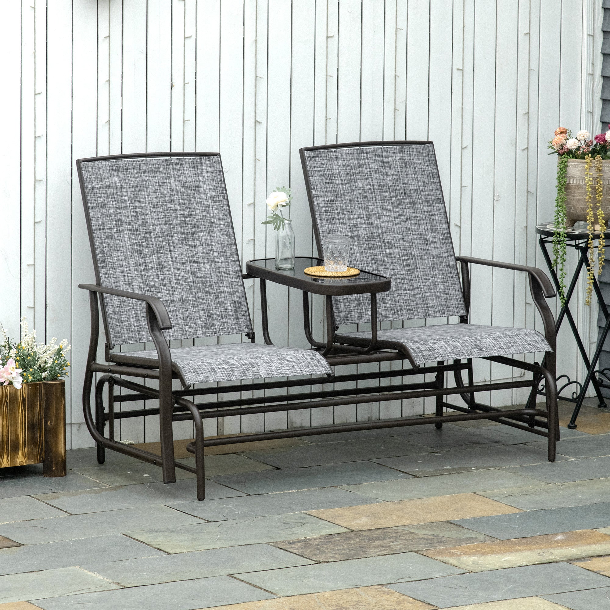 Outsunny 2 Seats Garden Glider Bench, Metal Frame Loveseat with Glass Top Centre Table, Porch Rocking Glider for 2 Person, for Deck, Patio, Brown/ Grey - North Peak Garden Furniture